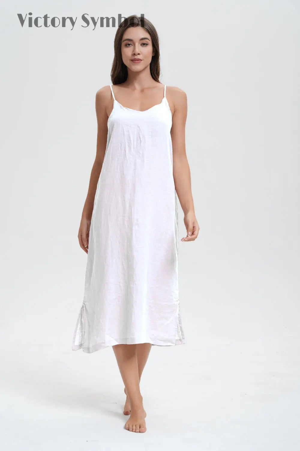 Pure White 100% Organic Linen Midi Dress - Victory Symbol L Pure White 100% Organic Linen Midi Dress - Victory Symbol L