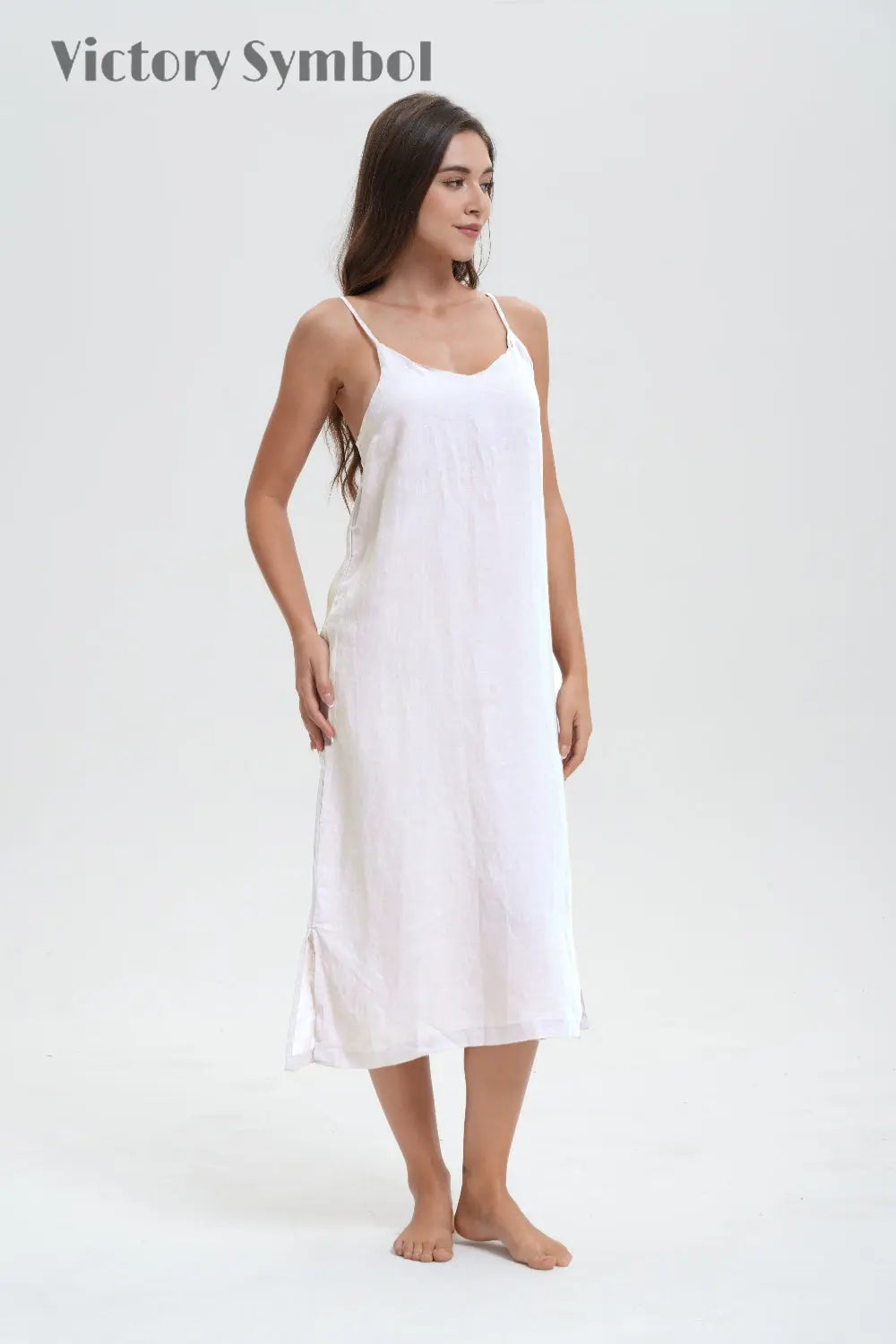 Pure White 100% Organic Linen Midi Dress - Victory Symbol