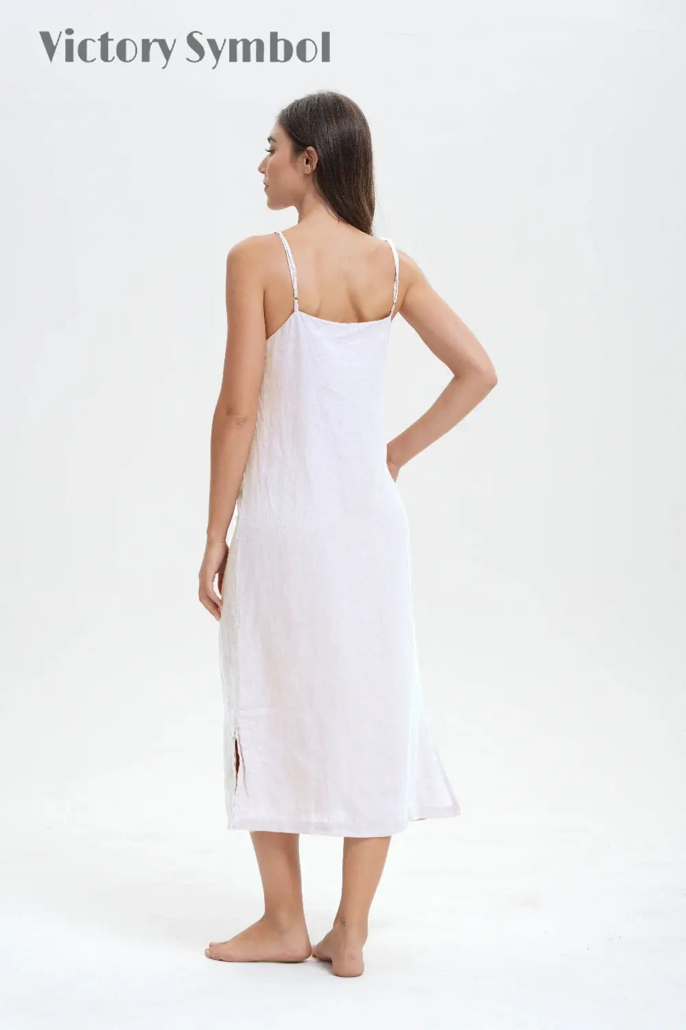 Pure White 100% Organic Linen Midi Dress-victory symbol