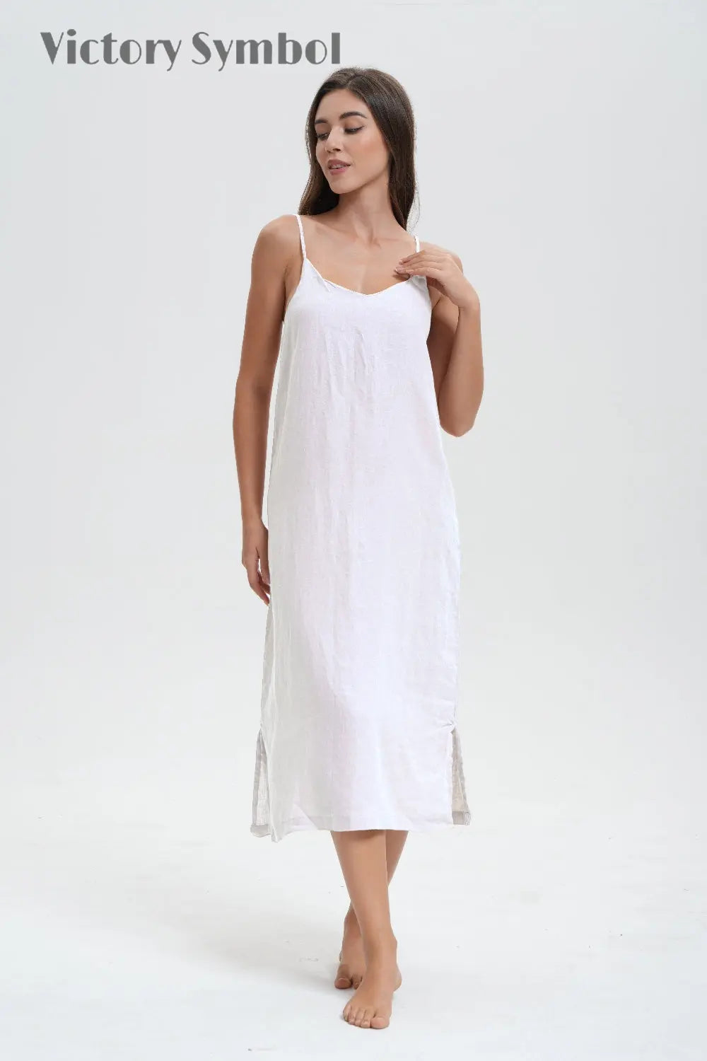 Pure White 100% Organic Linen Midi Dress-victory symbol