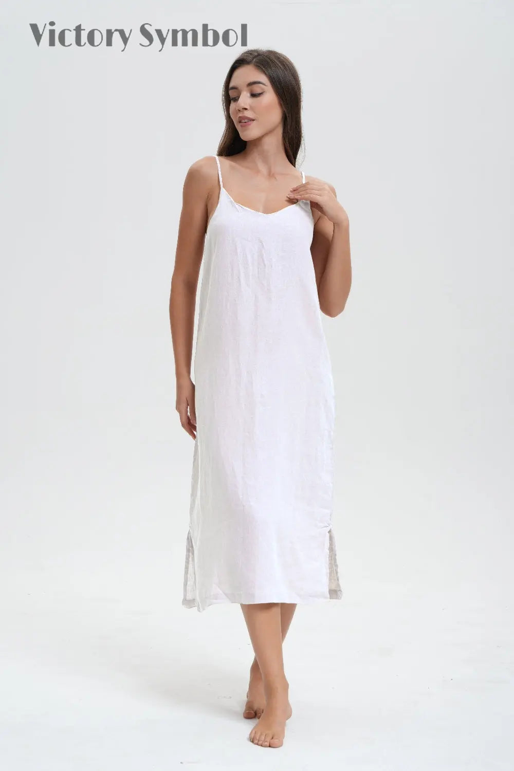 Pure White 100% Organic Linen Midi Dress - Victory Symbol