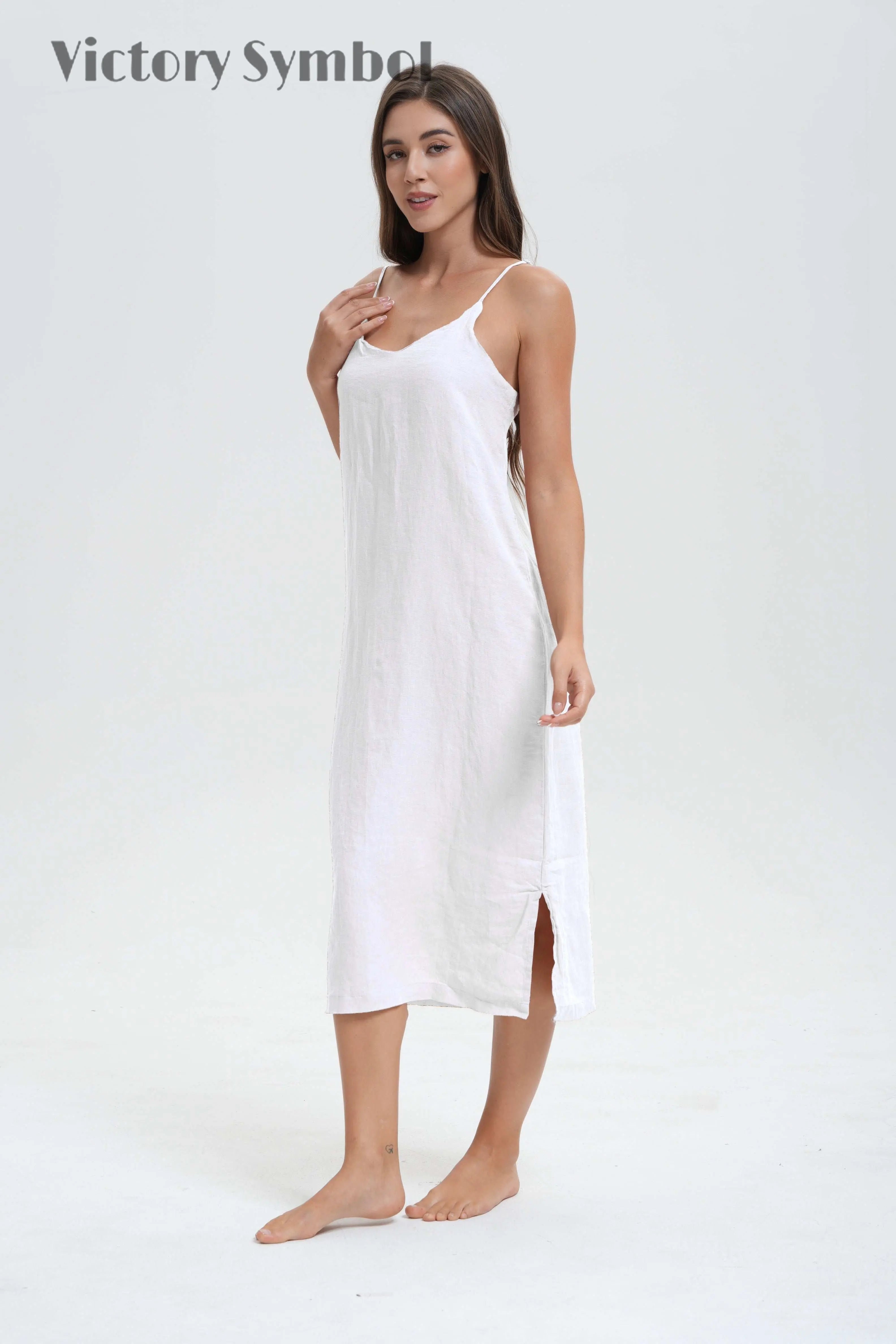 Pure White 100% Organic Linen Midi Dress-victory symbol