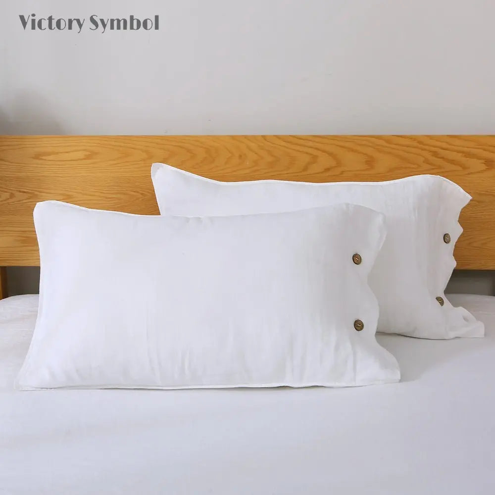 Pure White 100% Organic Linen Pillowcases With Coconut Button Closure - Victory Symbol