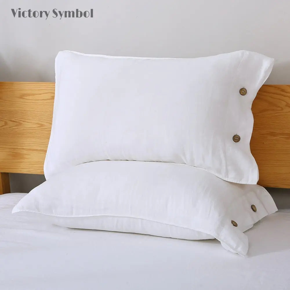 Pure White 100% Organic Linen Pillowcases With Coconut Button Closure - Victory Symbol