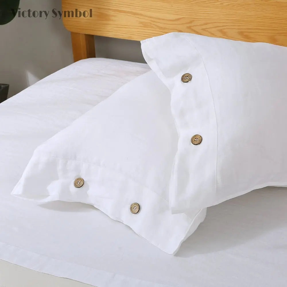 Pure White 100% Organic Linen Pillowcases With Coconut Button Closure - Victory Symbol