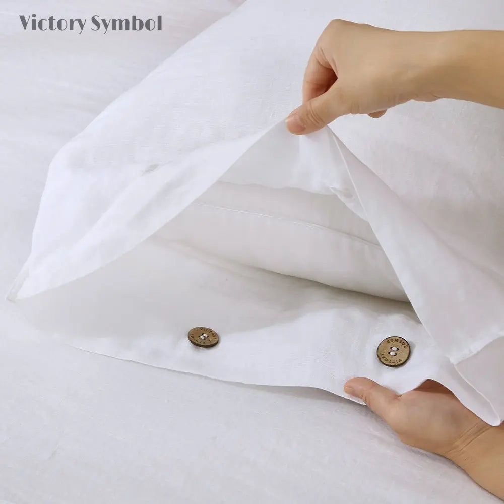 Pure White 100% Organic Linen Pillowcases With Coconut Button Closure - Victory Symbol