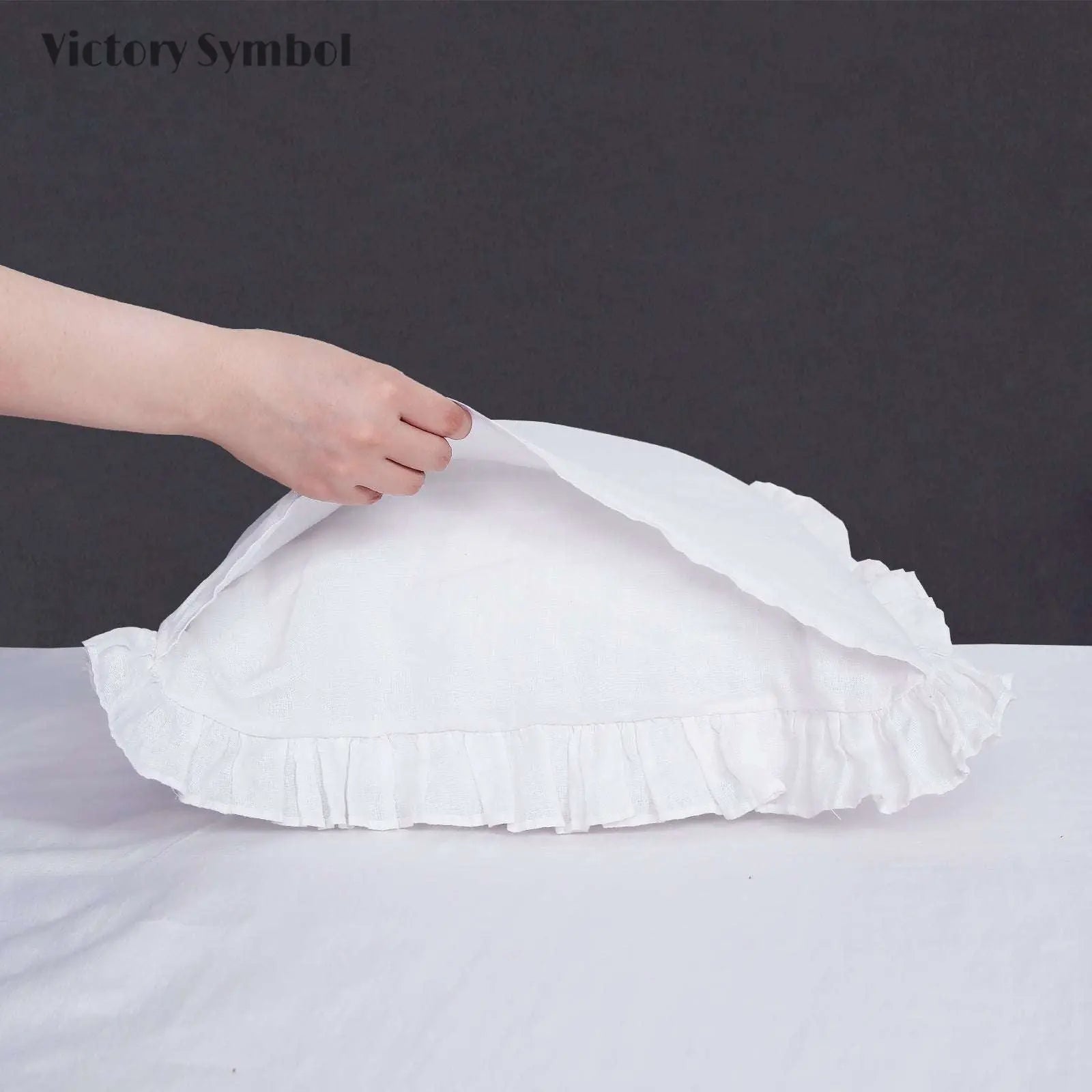 Pure White 100% Organic Linen Pillowcases with Ruffles - Victory Symbol