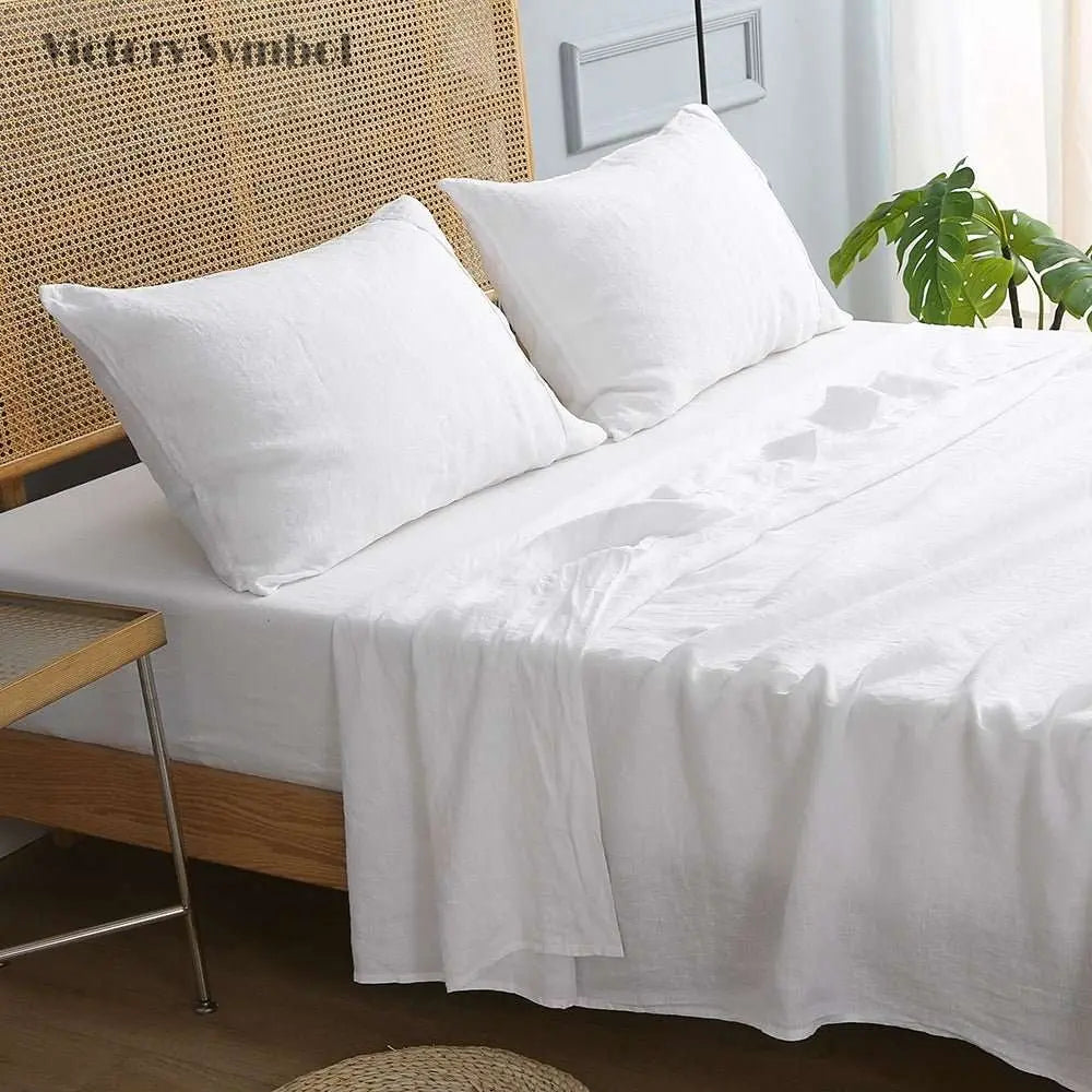Pure White With Piping 100% Organic Linen Sheets Set - Victory Symbol