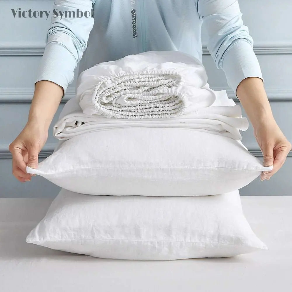 Pure White With Piping 100% Organic Linen Sheets Set - Victory Symbol