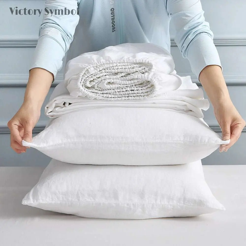 Pure White With Piping 100% Organic Linen Sheets Set - Victory Symbol