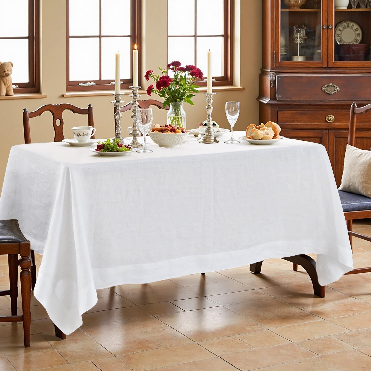 Pure White 100% Organic Linen Tablecloth-Victory Symbol