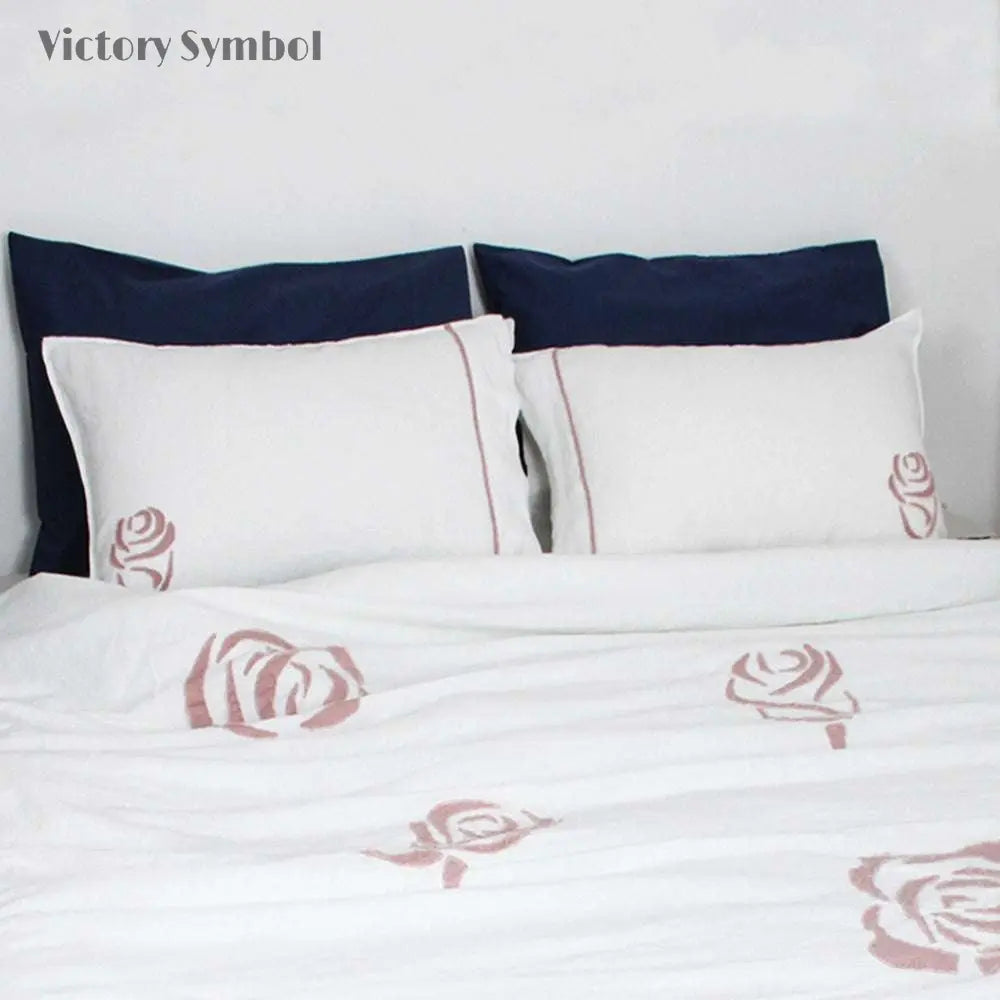Rose Applique Embroidery 100% Organic Linen Pillowcases - Victory Symbol
