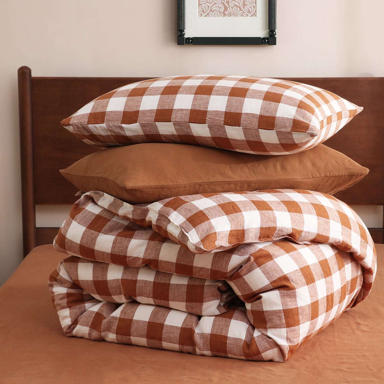 Rust Gingham 100% Organic Linen Yarn Dyed Duvet Cover Set-Victory Symbol