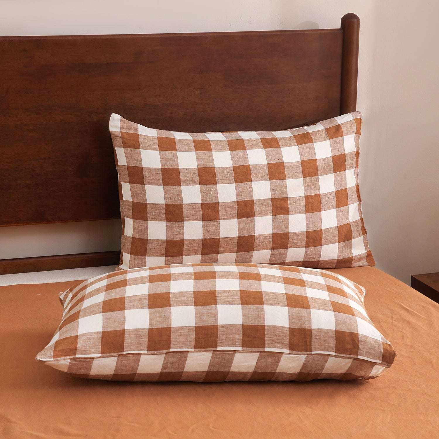 Rust Gingham 100% Organic Linen Yarn Dyed Pillowcases-Victory Symbol