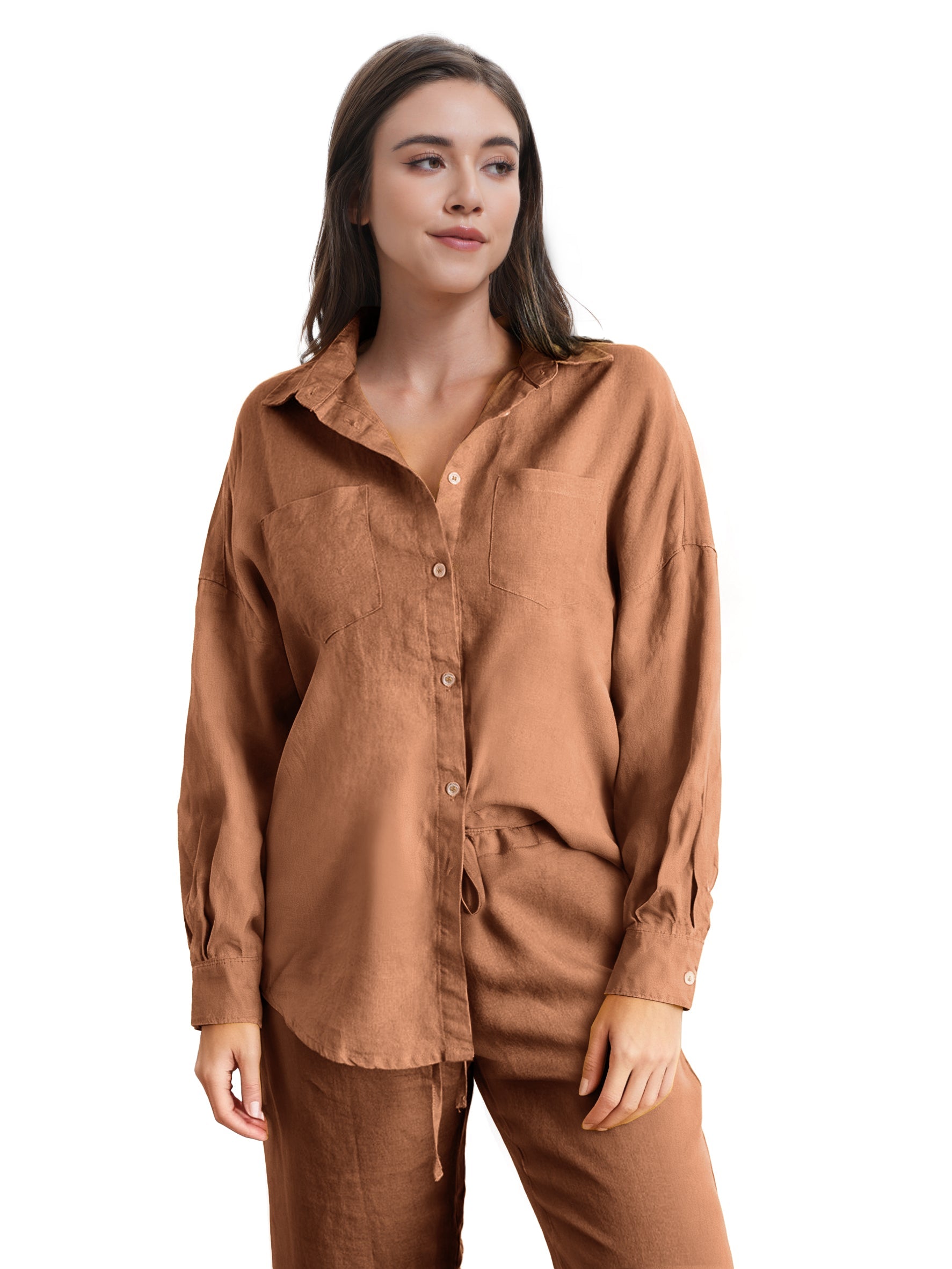 Rust 100% Organic Linen Long Sleeve Shirt-Victory Symbol