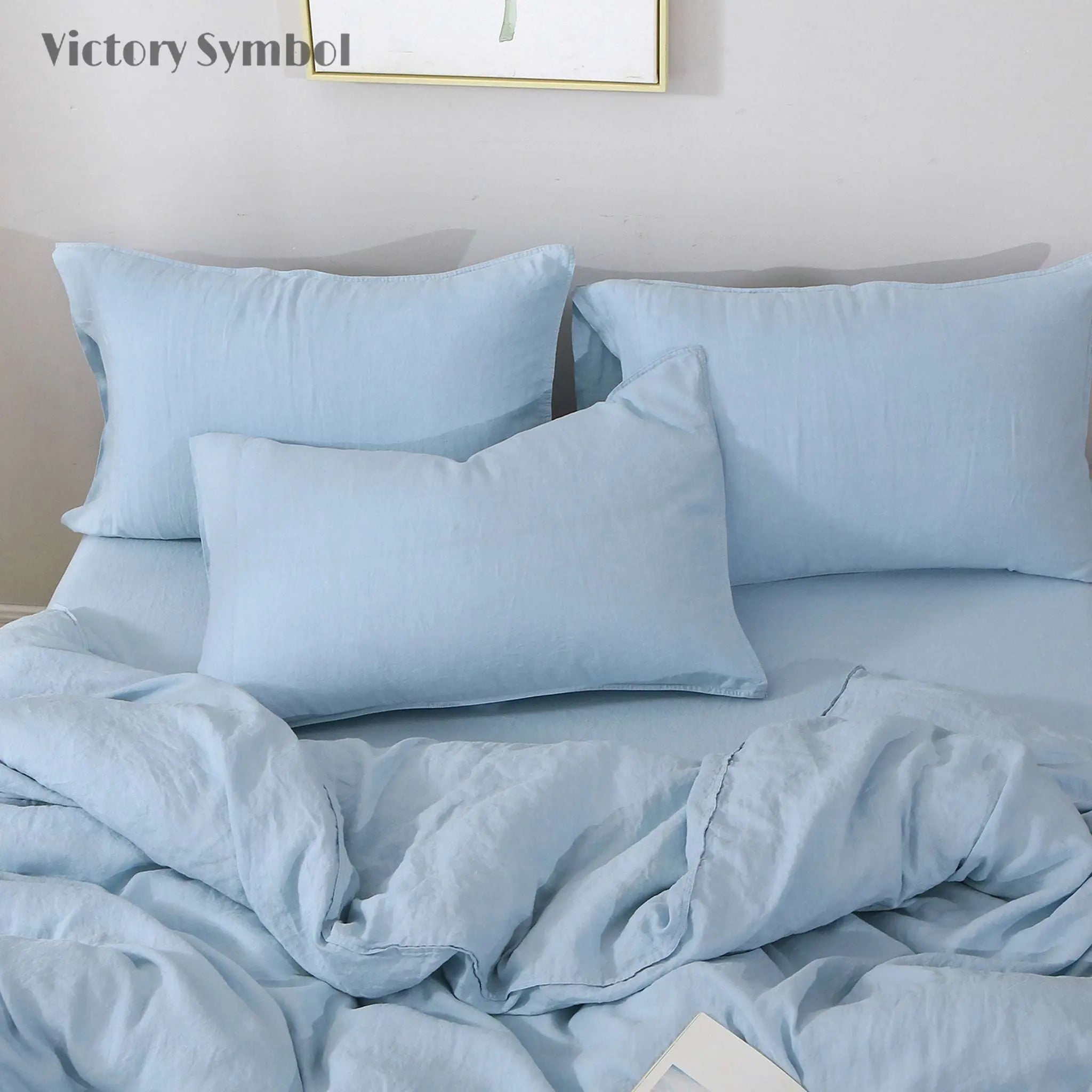 Sky Blue 100% Organic Linen Pillowcases - Victory Symbol