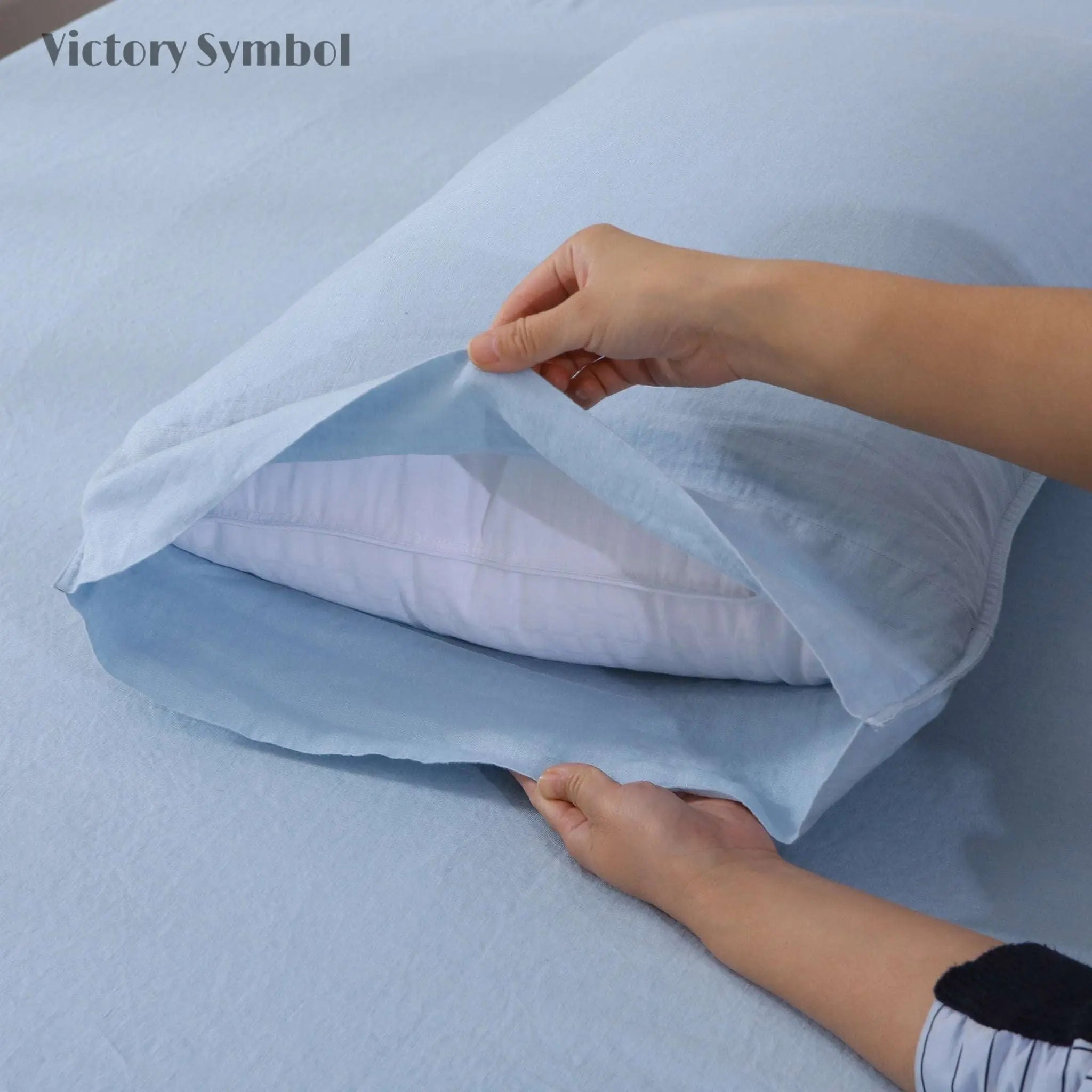 Sky Blue 100% Organic Linen Pillowcases - Victory Symbol