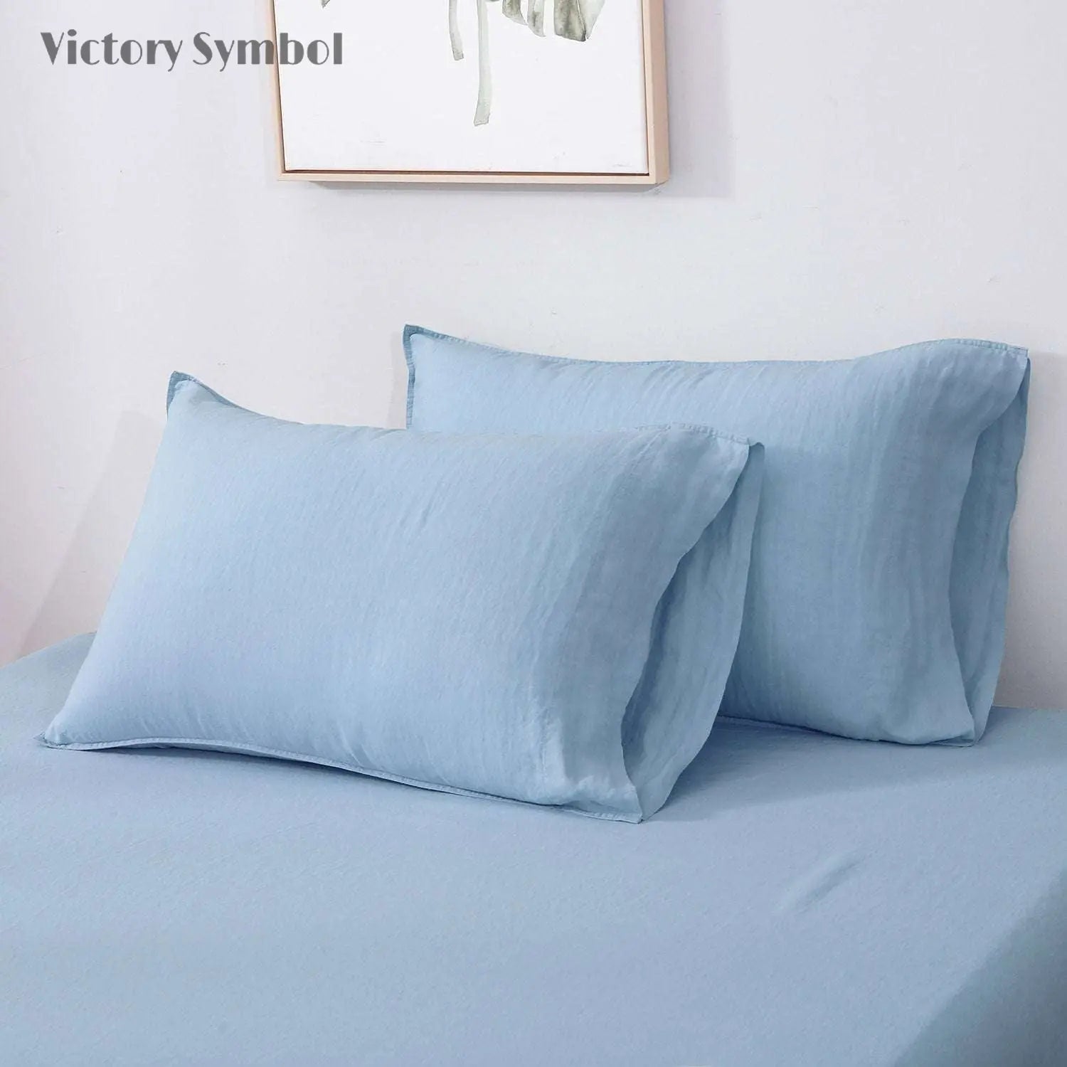 Sky Blue 100% Organic Linen Sheets Set - Victory Symbol