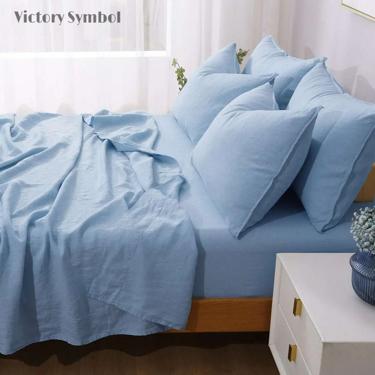 Sky Blue 100% Organic Linen Sheets Set - Victory Symbol
