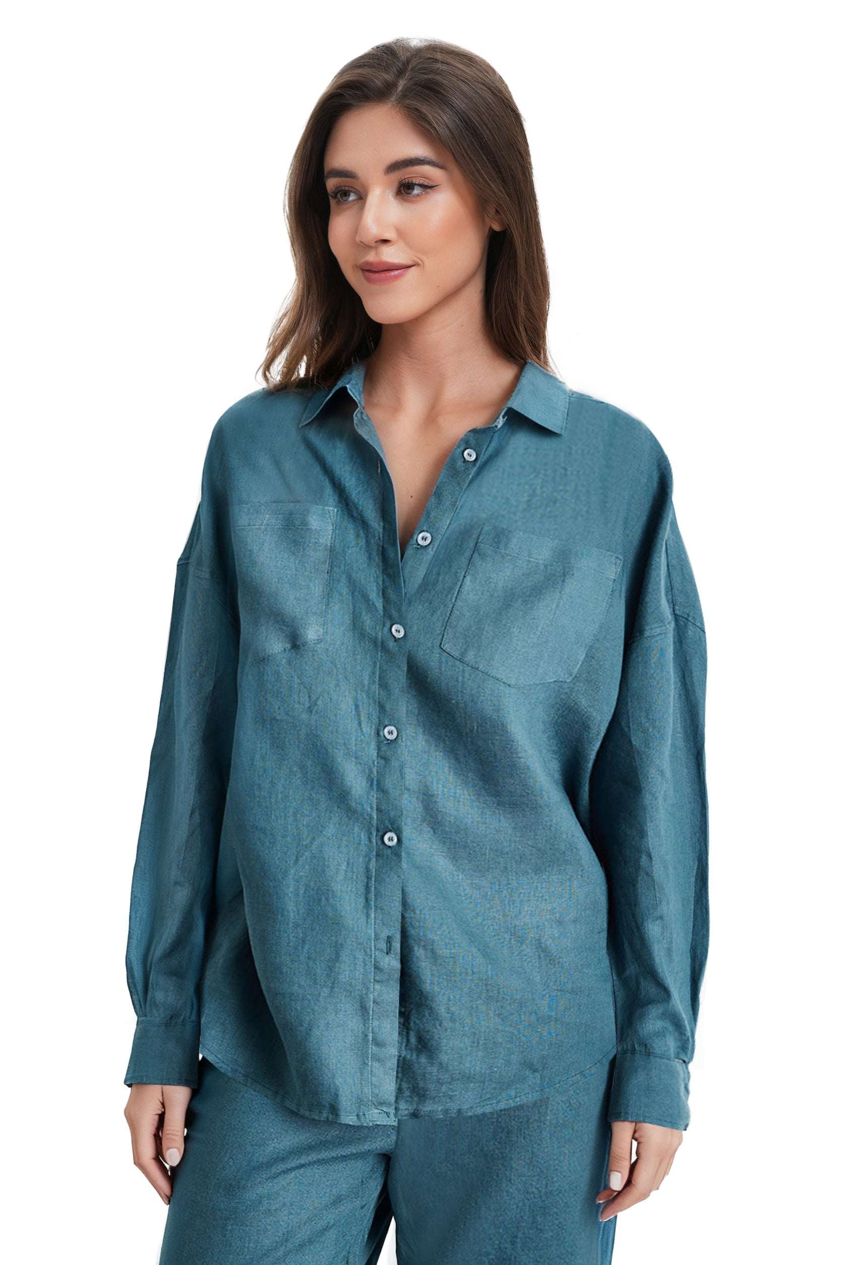 Teal Green 100% Organic Linen Long Sleeve Shirt-Victory Symbol