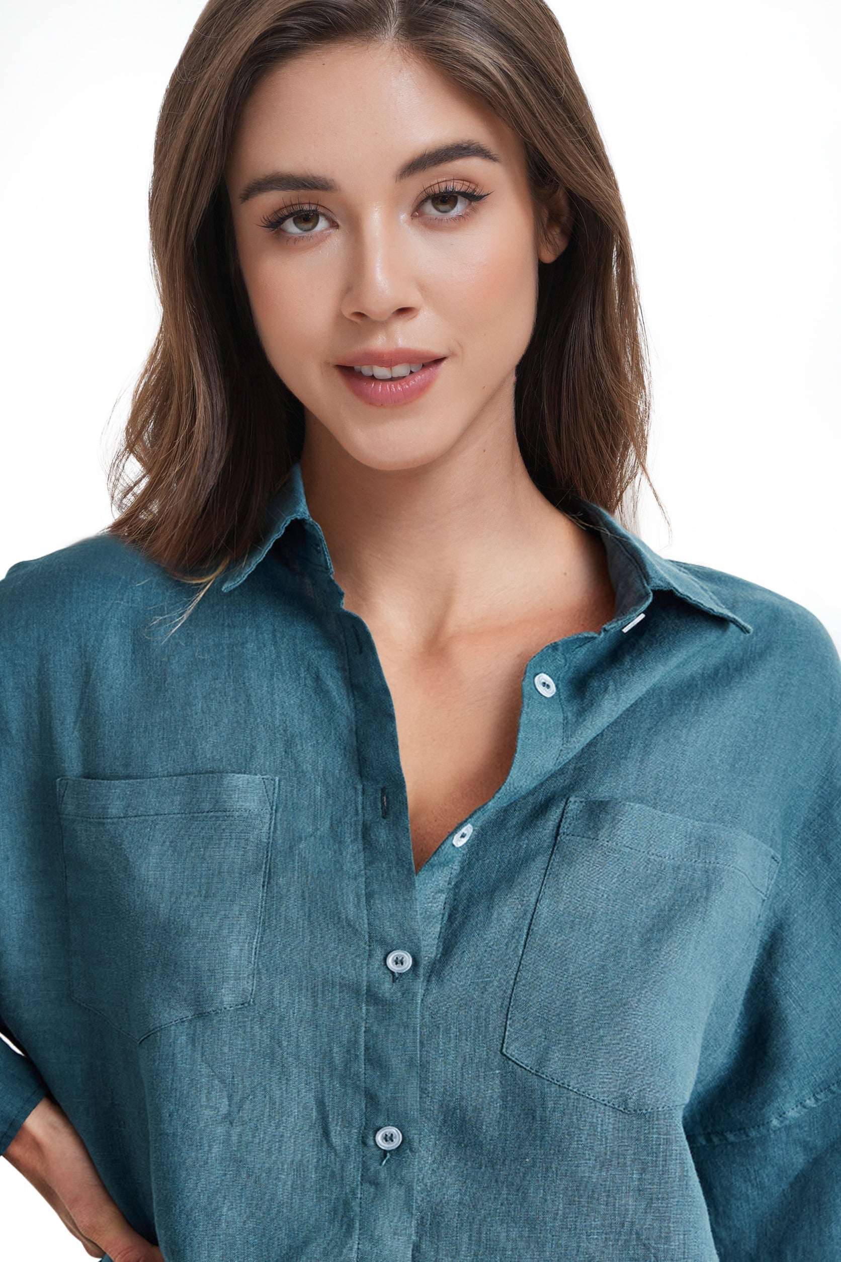 Teal Green 100% Organic Linen Long Sleeve Shirt-Victory Symbol