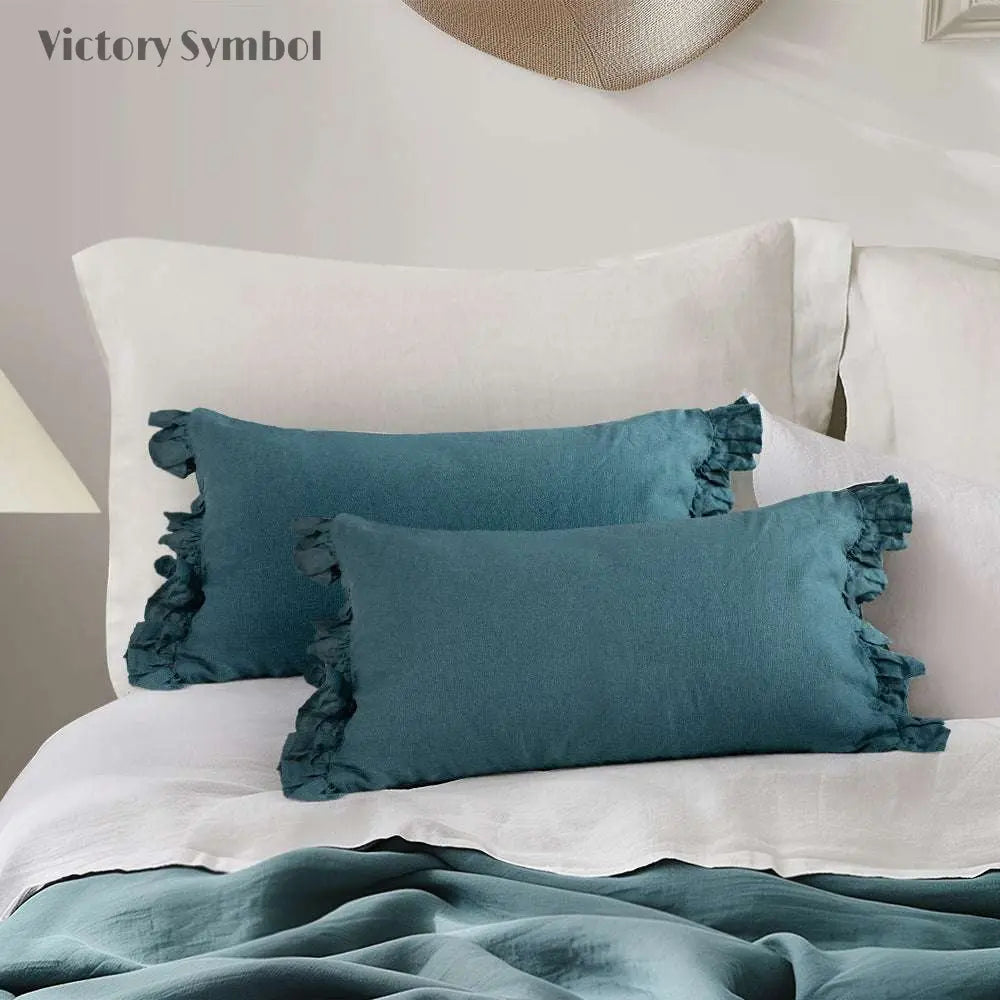 Teal Green 100% Organic Linen Lumbar Pillowcases With Ruffles - Victory Symbol
