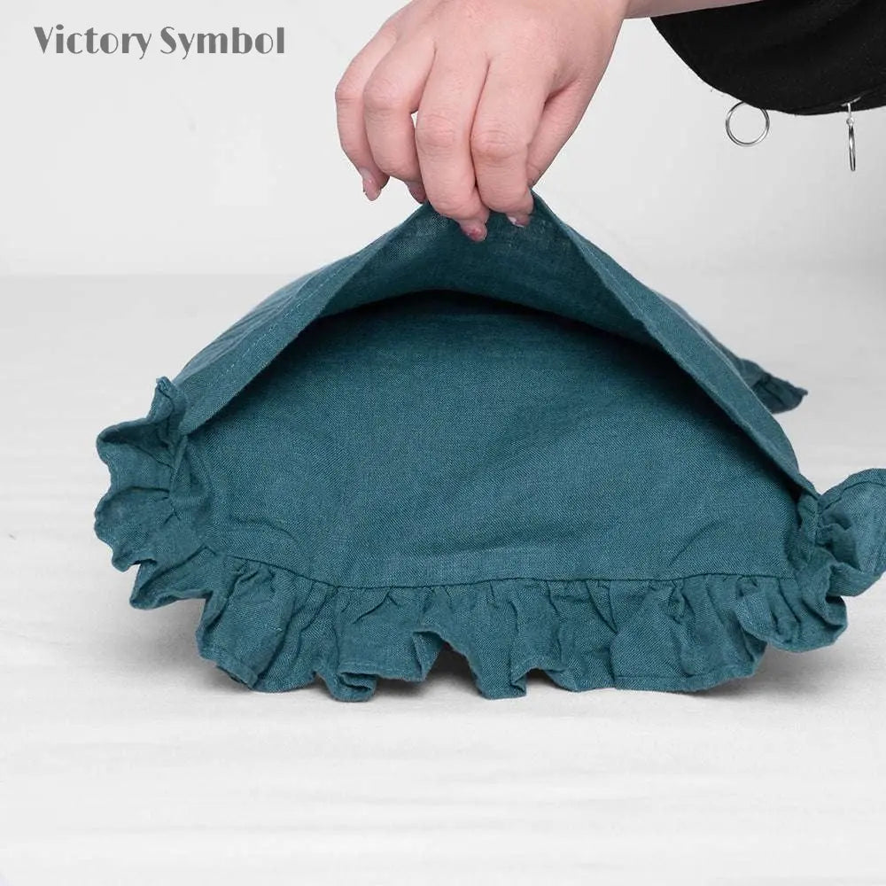 Teal Green 100% Organic Linen Lumbar Pillowcases With Ruffles - Victory Symbol