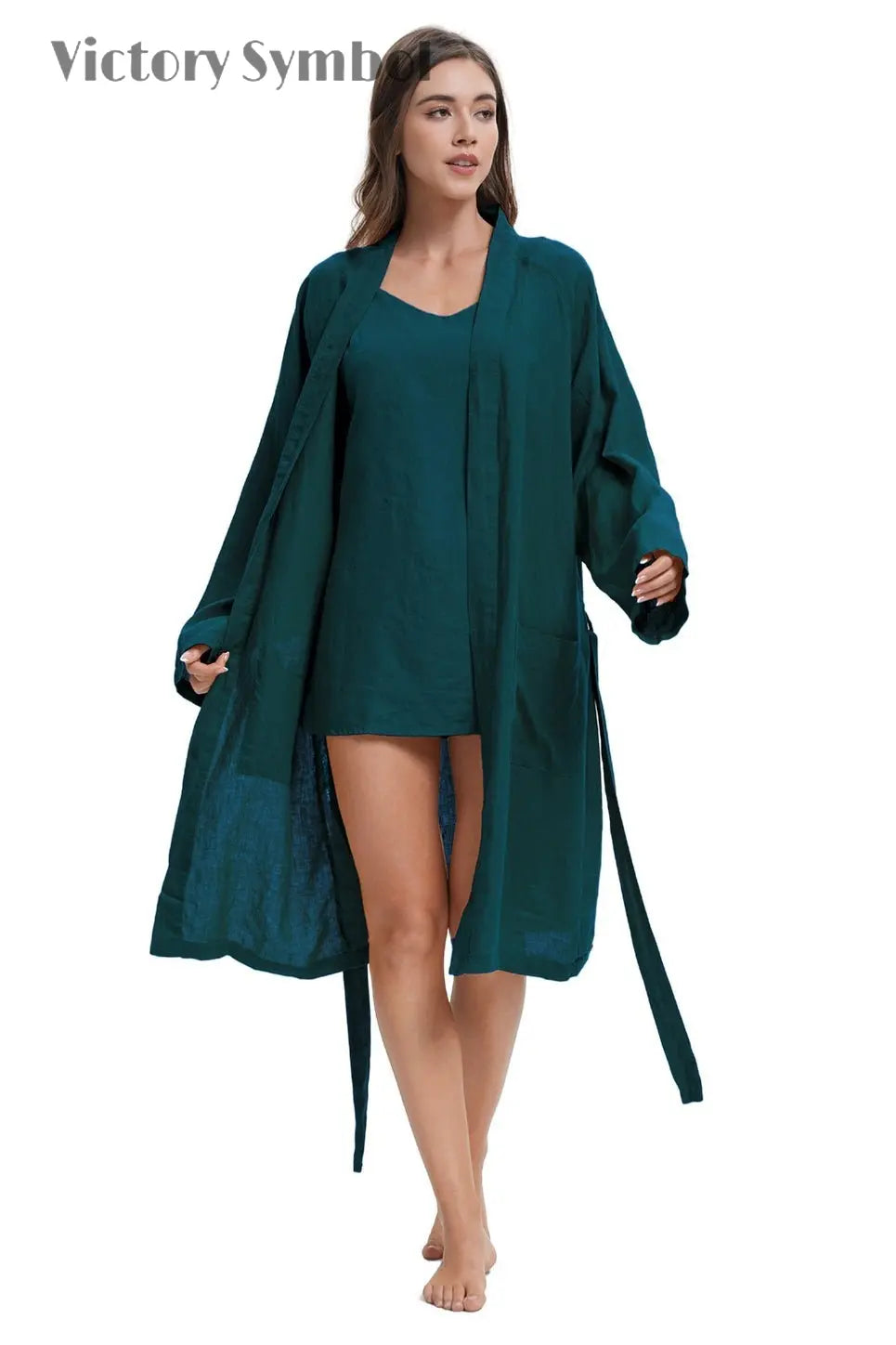 Teal Green 100% Organic Linen Women's V - Neck Robes - Victory Symbol