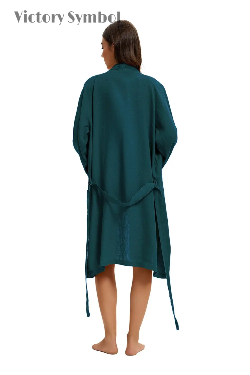 Teal Green 100% Organic Linen Women's V - Neck Robes - Victory Symbol