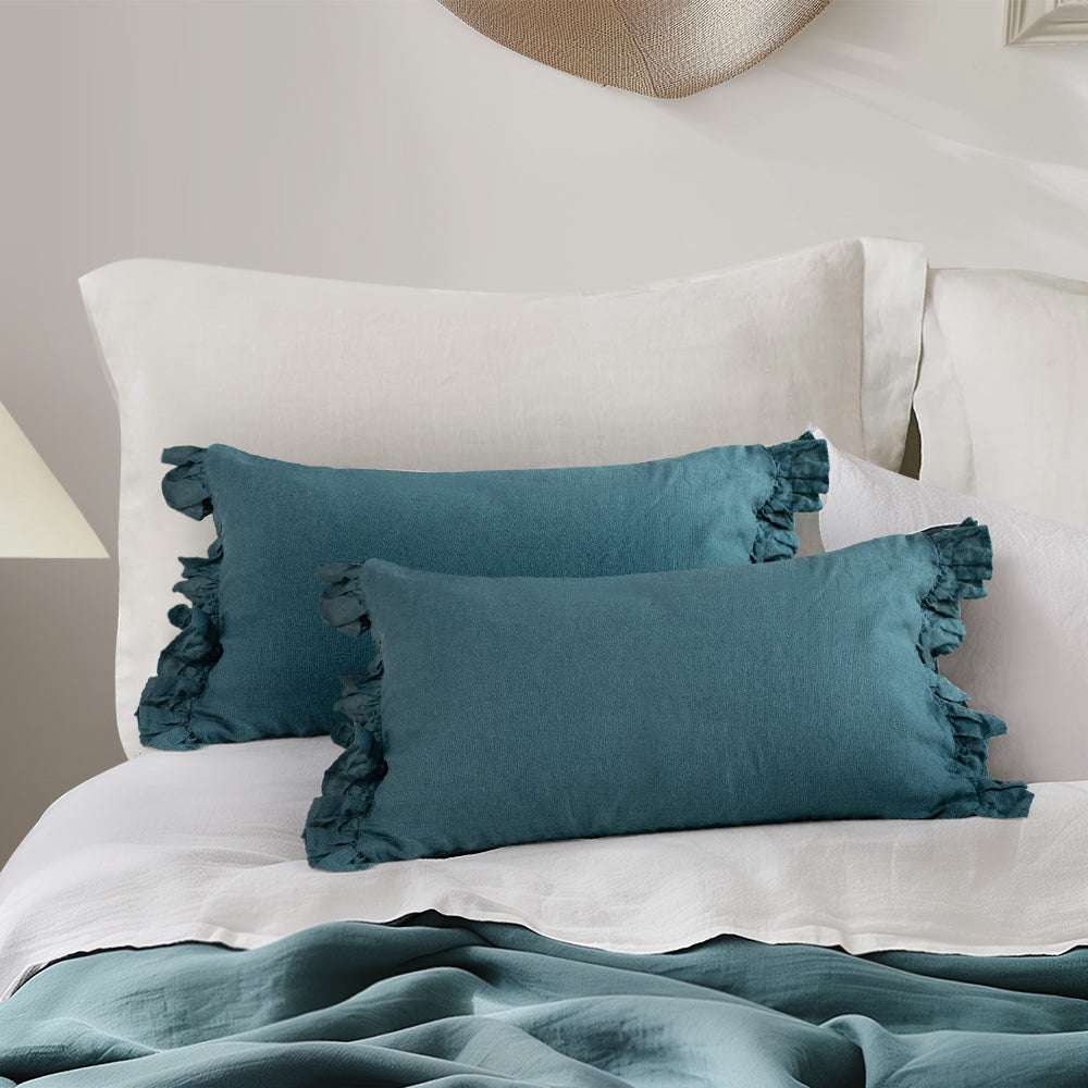 Teal Green 100% Organic Linen Lumbar Pillowcases With Ruffles