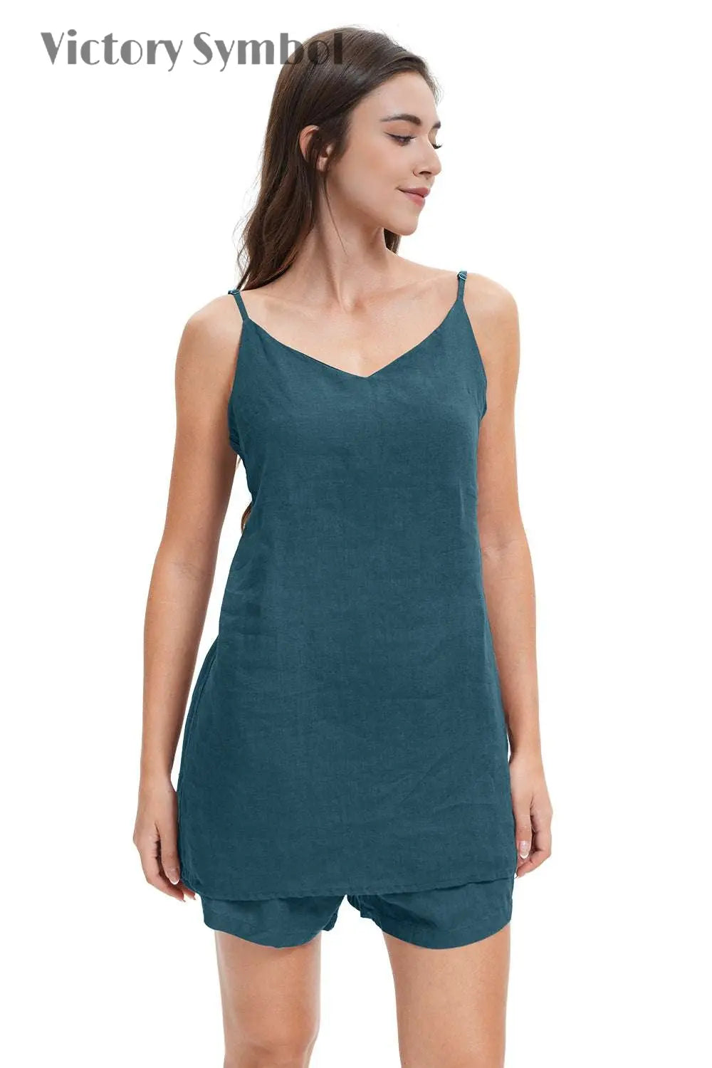 Teal Green Women's Linen Camisole Tank Top V - Neck Loose Casual Adjustable Strap - Victory Symbol