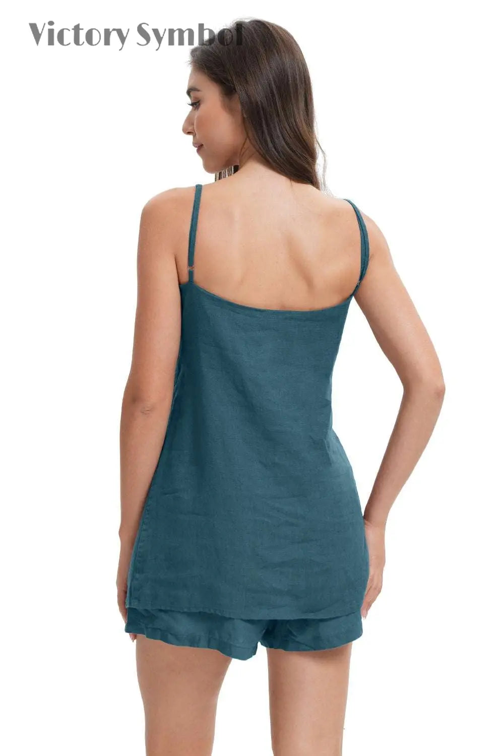 Teal Green Women's Linen Camisole Tank Top V - Neck Loose Casual Adjustable Strap - Victory Symbol