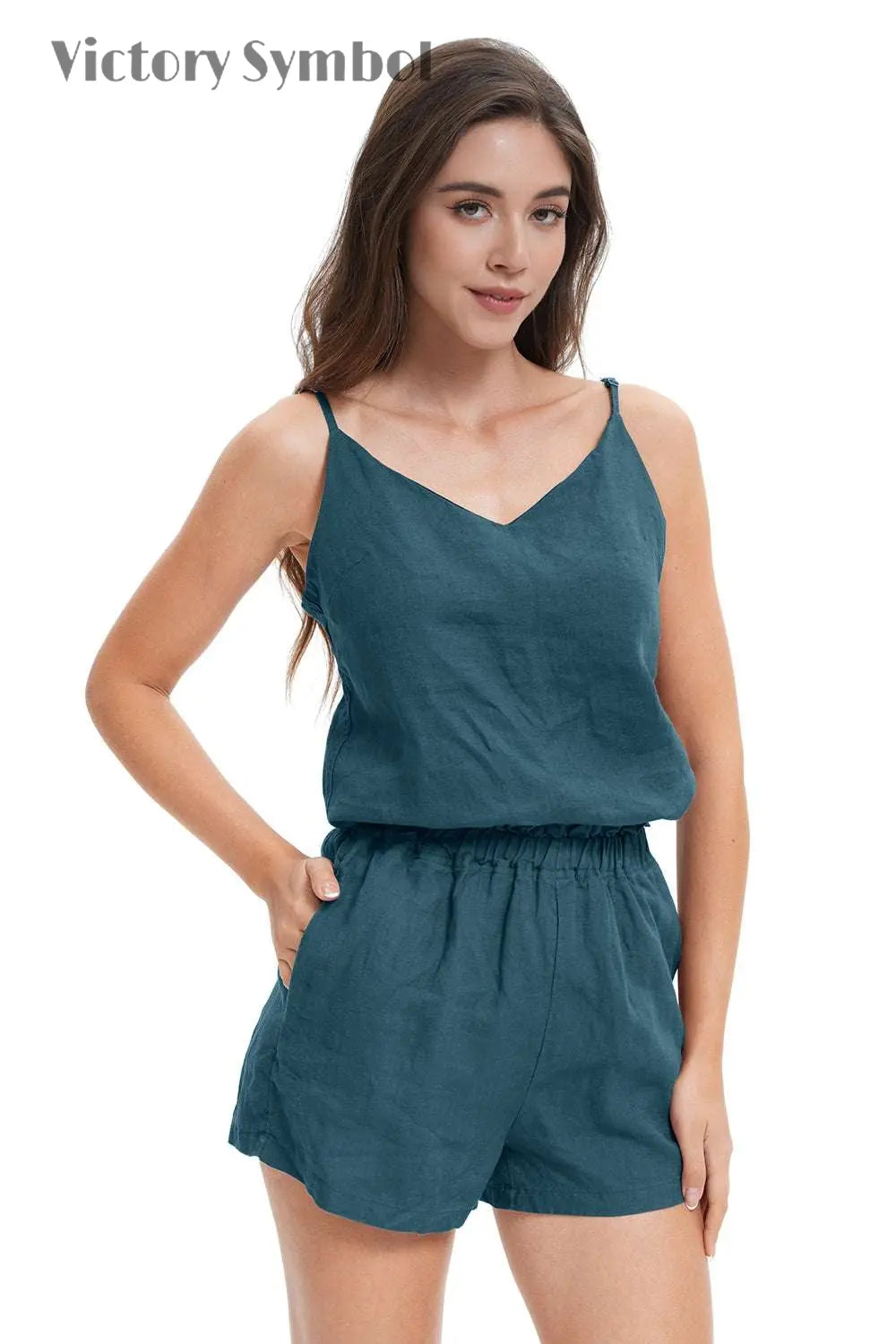 Teal Green Women's Linen Camisole Tank Top V - Neck Loose Casual Adjustable Strap - Victory Symbol