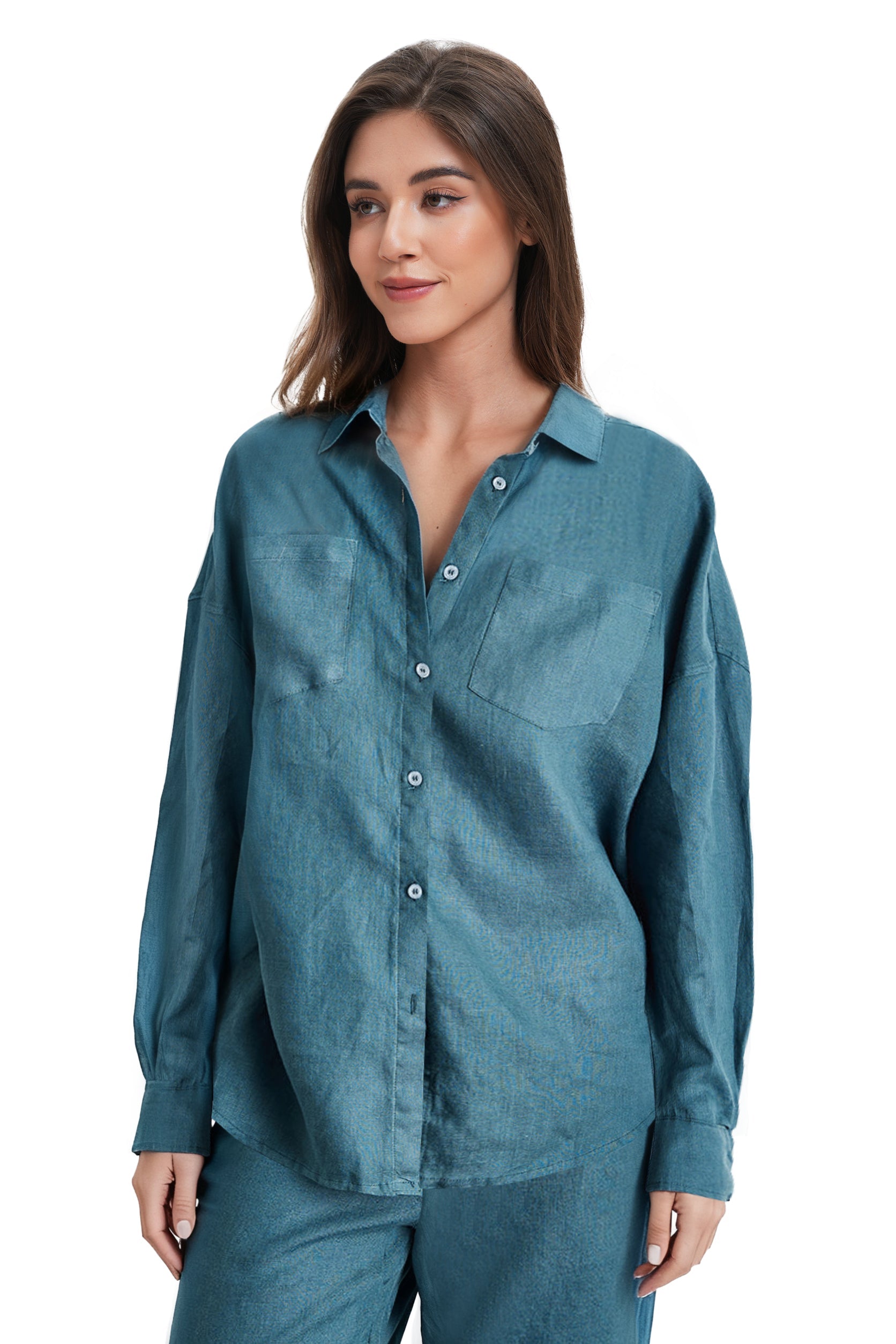 Teal Green 100% Organic Linen Long Sleeve Shirt-Victory Symbol
