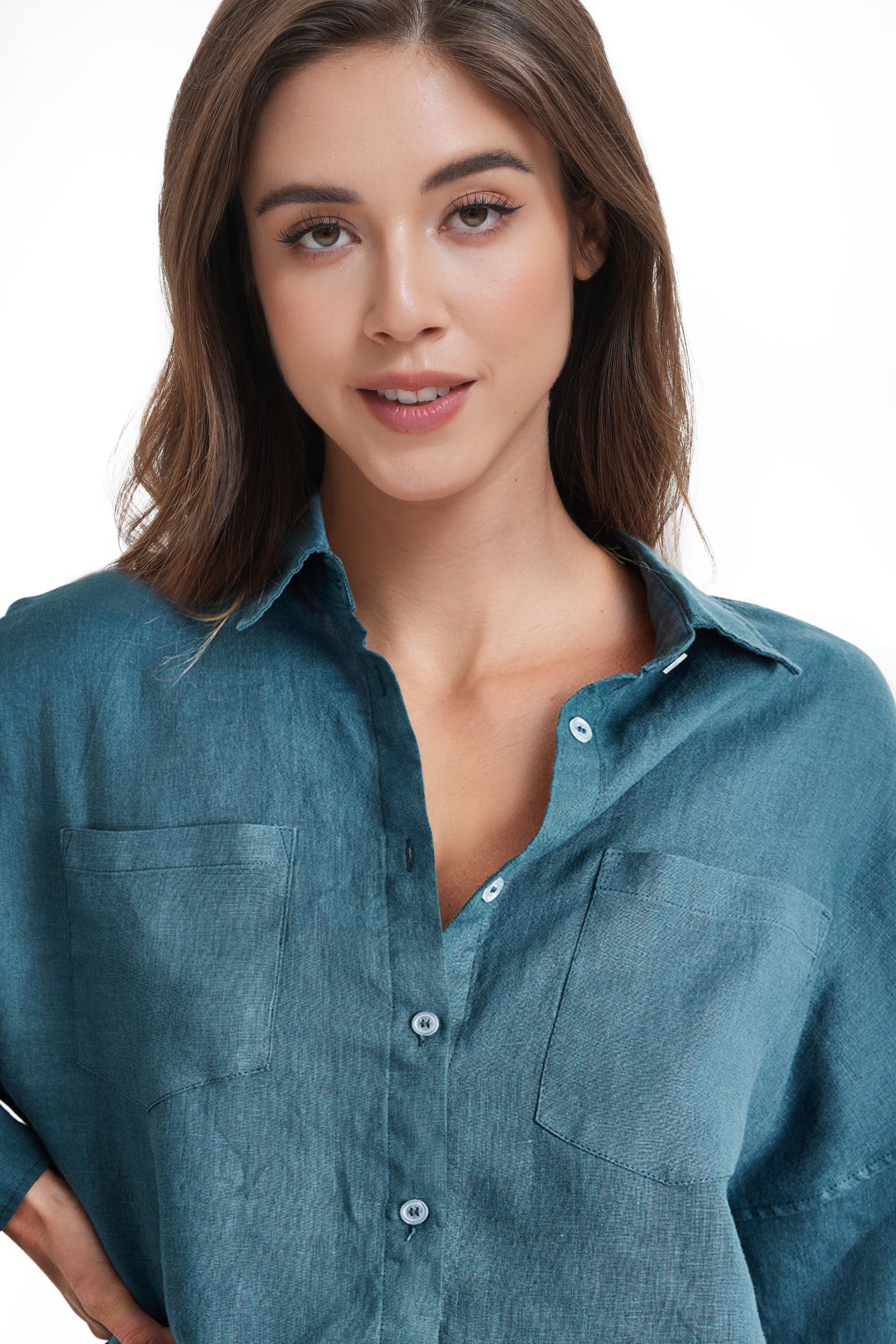 Teal Green 100% Organic Linen Long Sleeve Shirt-Victory Symbol