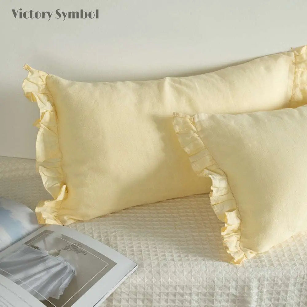 Vanilla Yellow 100% Organic Linen Lumbar Pillowcases With Ruffles - Victory Symbol