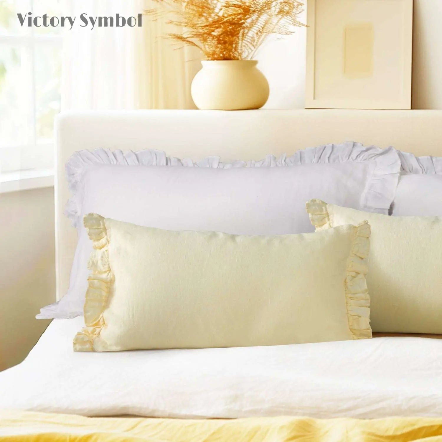 Vanilla Yellow 100% Organic Linen Lumbar Pillowcases With Ruffles