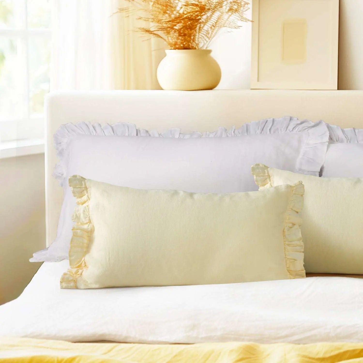 Vanilla Yellow 100% Organic Linen Lumbar Pillowcases With Ruffles - Victory Symbol