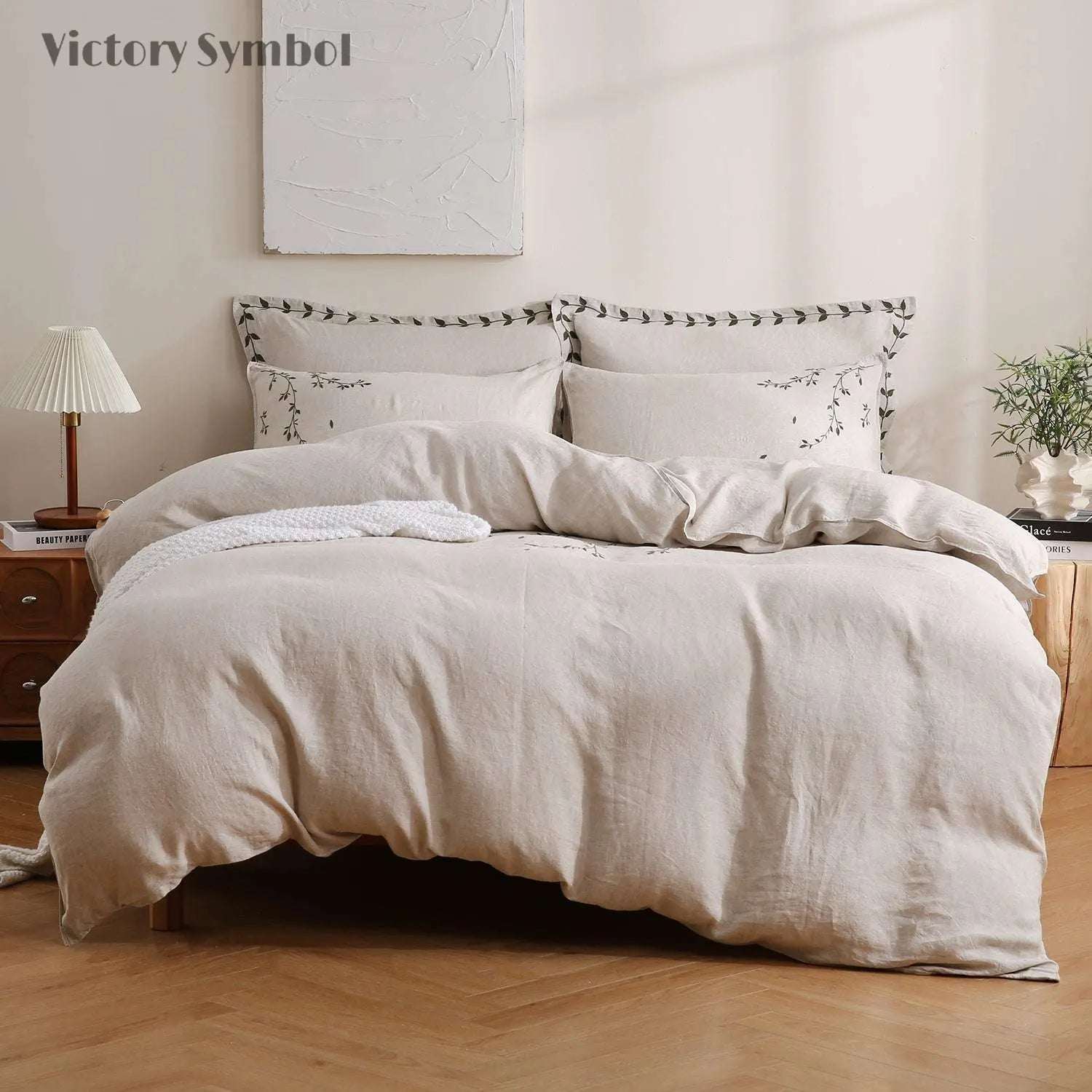 Vines Pattern 100% Organic Linen Embroidered Duvet Cover Set - Victory Symbol