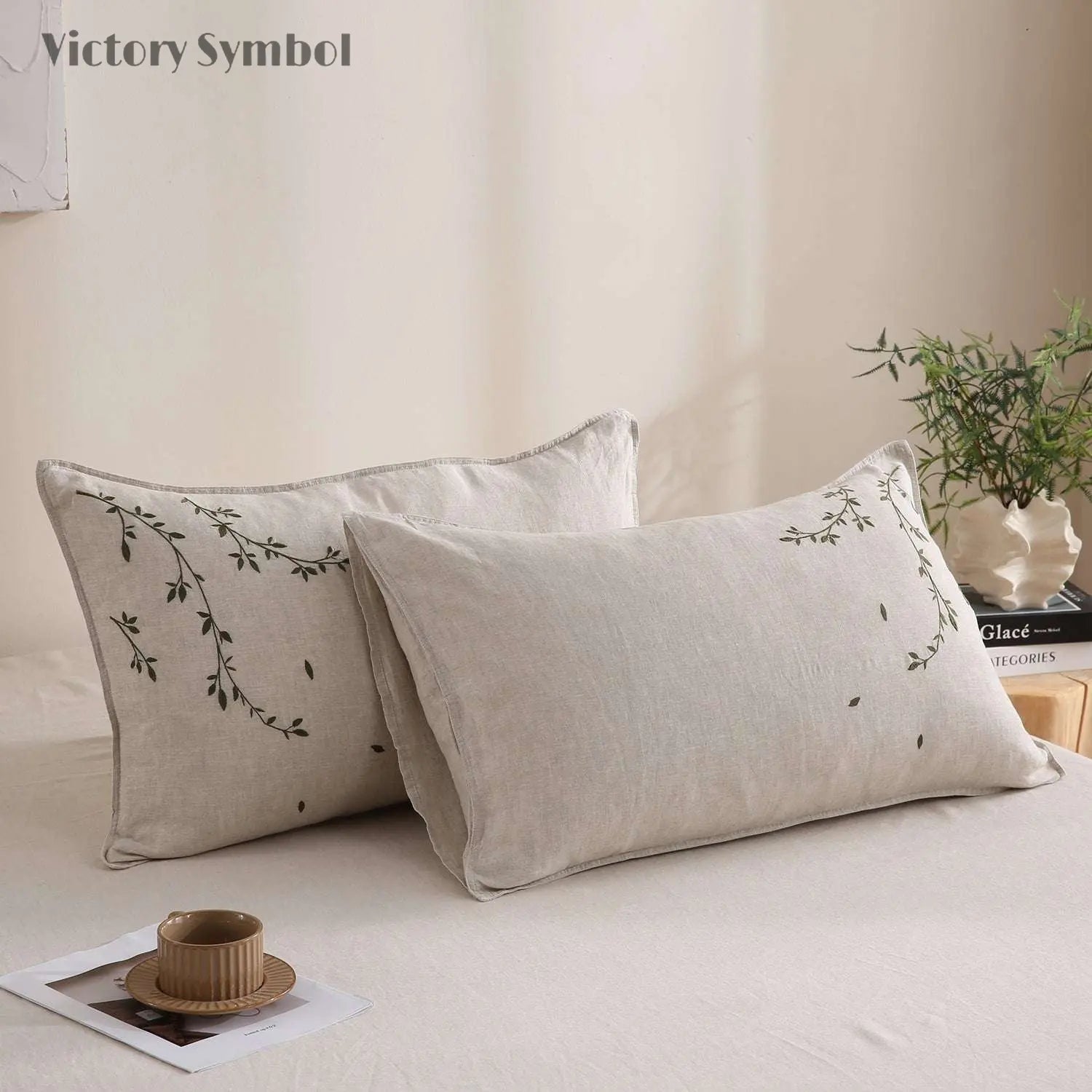 Vines Pattern 100% Organic Linen Embroidered Pillowcases - Victory Symbol