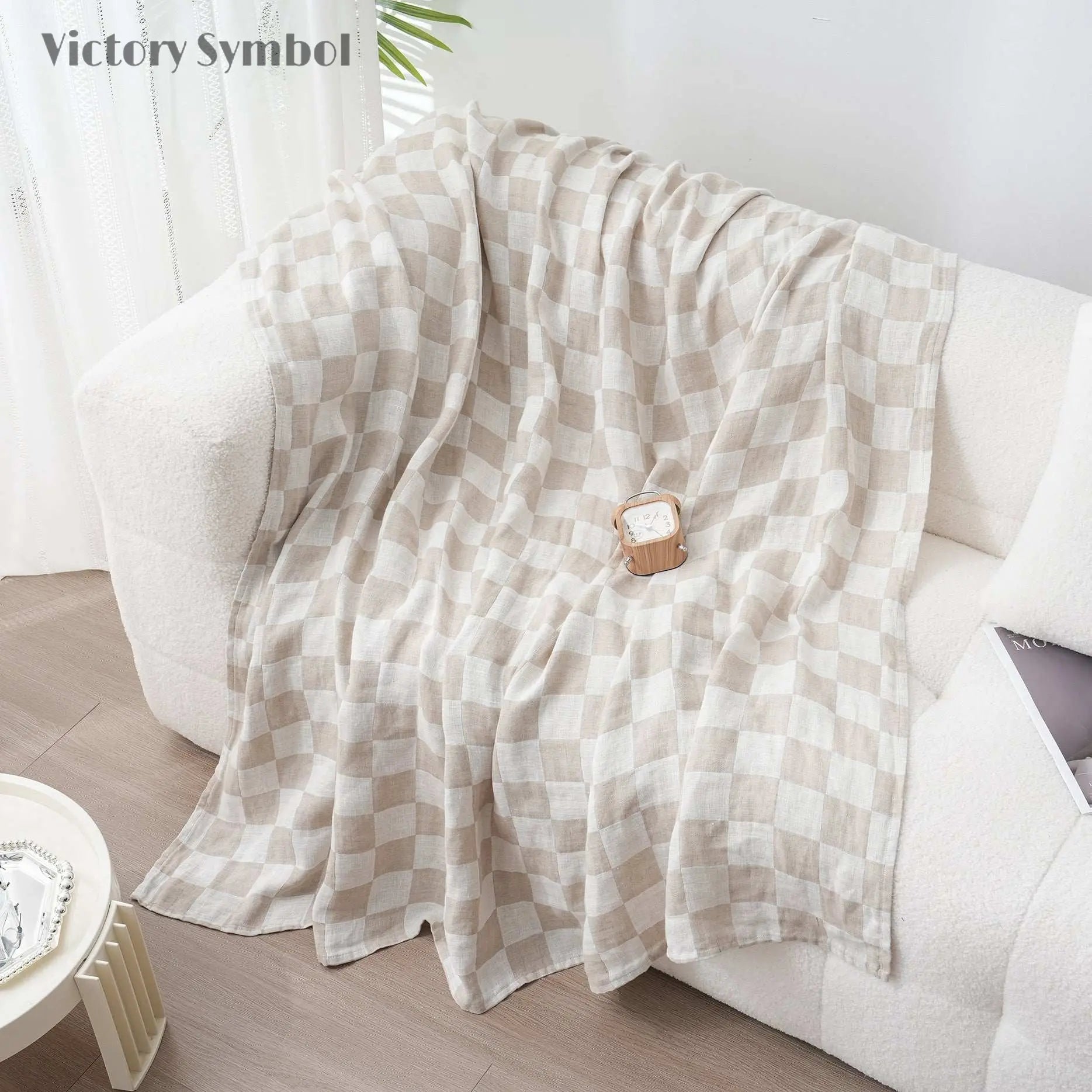 White Colorblock 100% Organic Linen Checkerboard Plaid Blanket & Throw - Victory Symbol