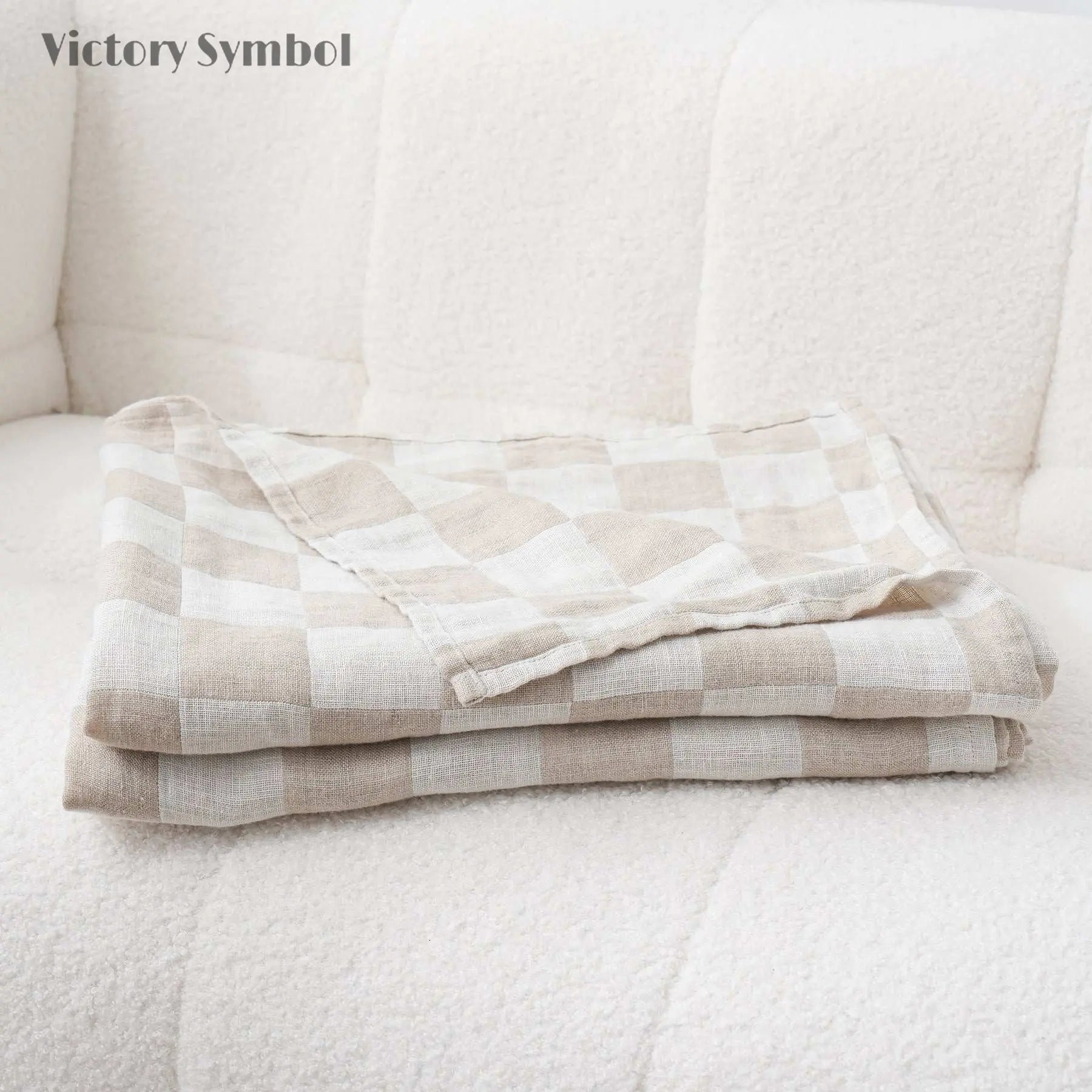 White Colorblock 100% Organic Linen Checkerboard Plaid Blanket & Throw - Victory Symbol