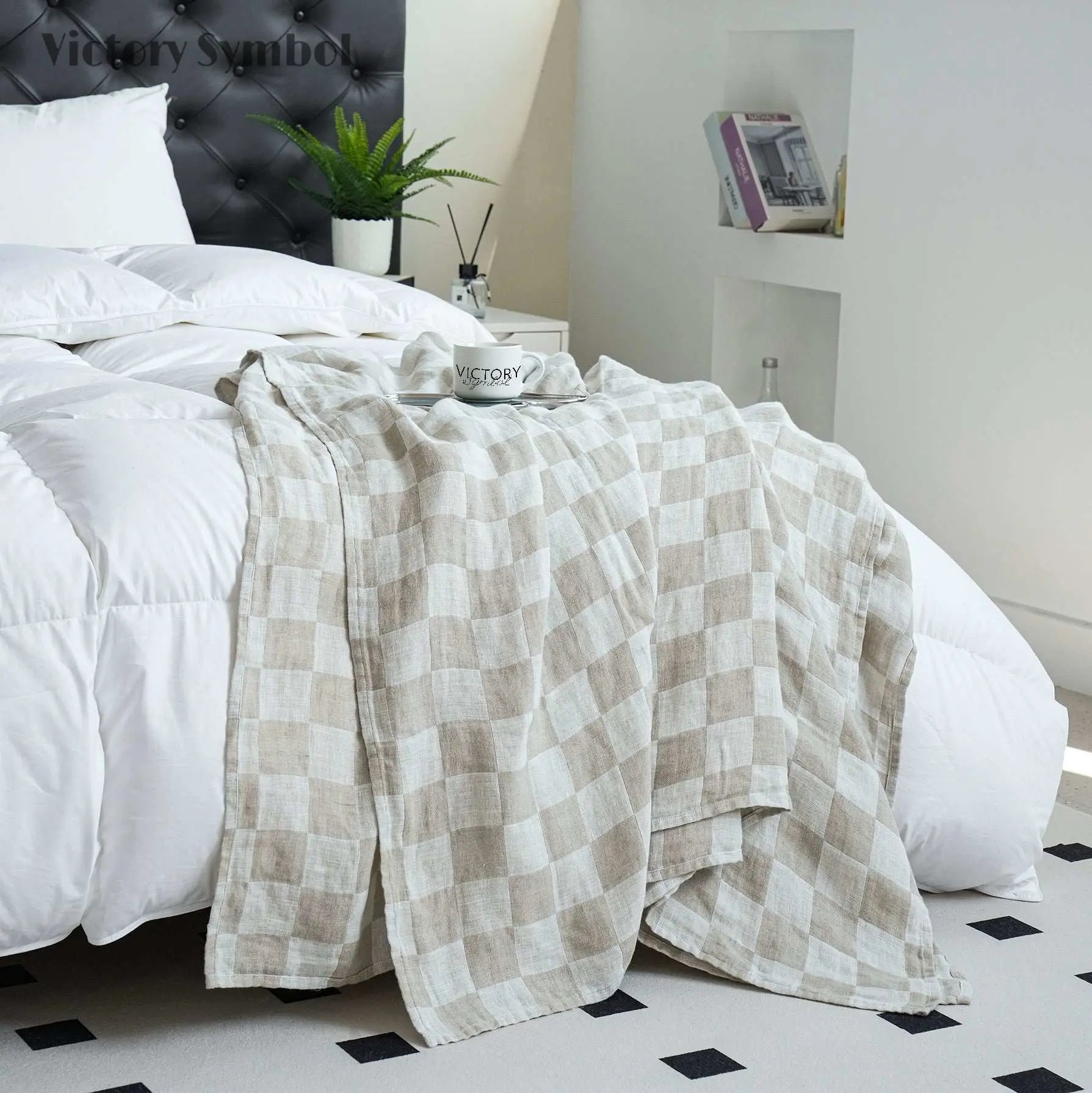 White Colorblock 100% Organic Linen Checkerboard Plaid Blanket & Throw - Victory Symbol