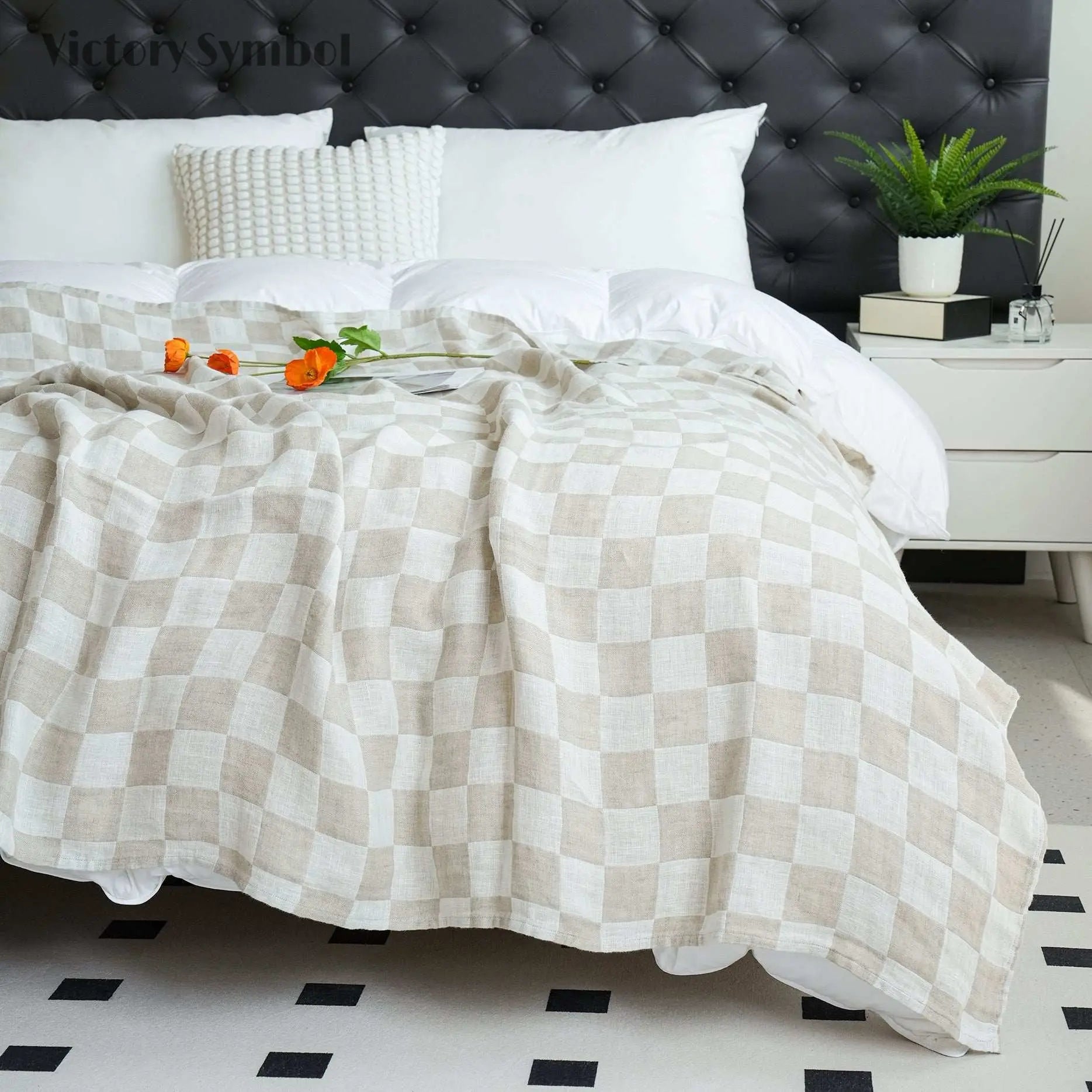 White Colorblock 100% Organic Linen Checkerboard Plaid Blanket & Throw - Victory Symbol