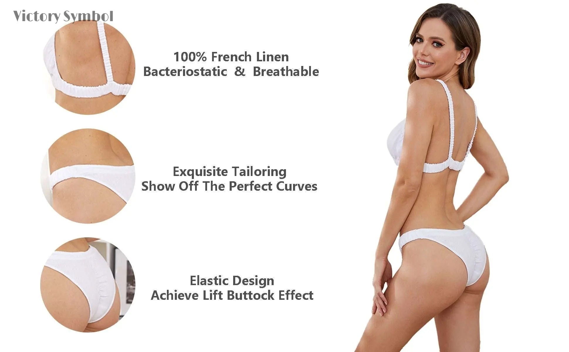 Women Organic Linen Breathable White Basic Comfortable Everyday Bra and Panty Sets-VICTORY SYMBOL