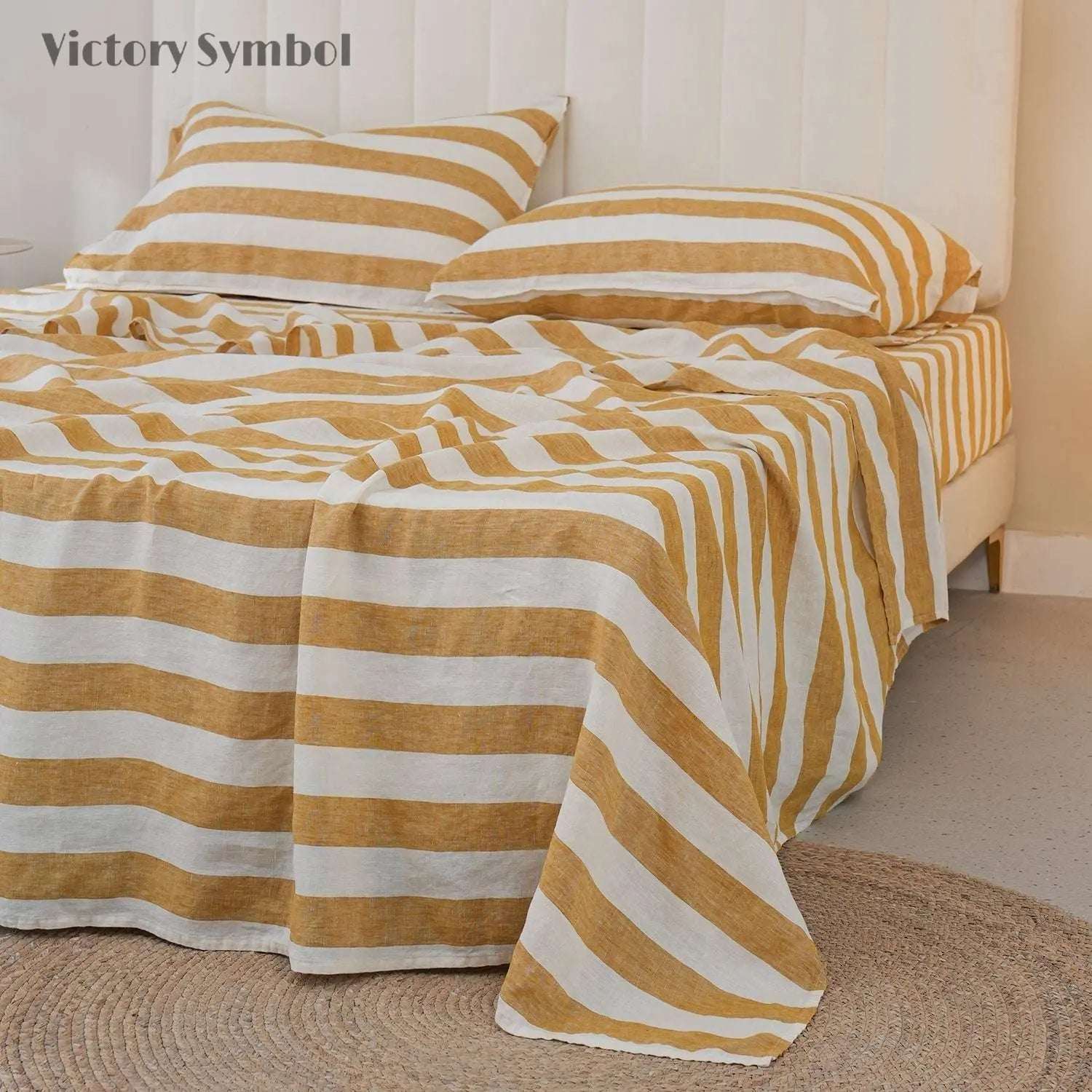 Yellow Stripe 100% Organic Linen Yarn Dyed Sheets Set - Victory Symbol