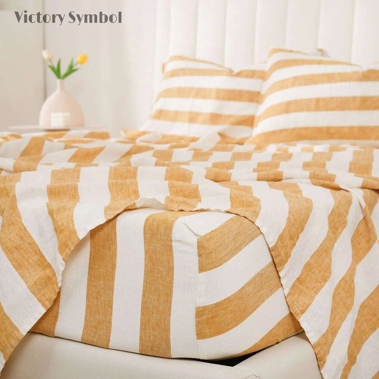 Yellow Stripe 100% Organic Linen Yarn Dyed Sheets Set - Victory Symbol