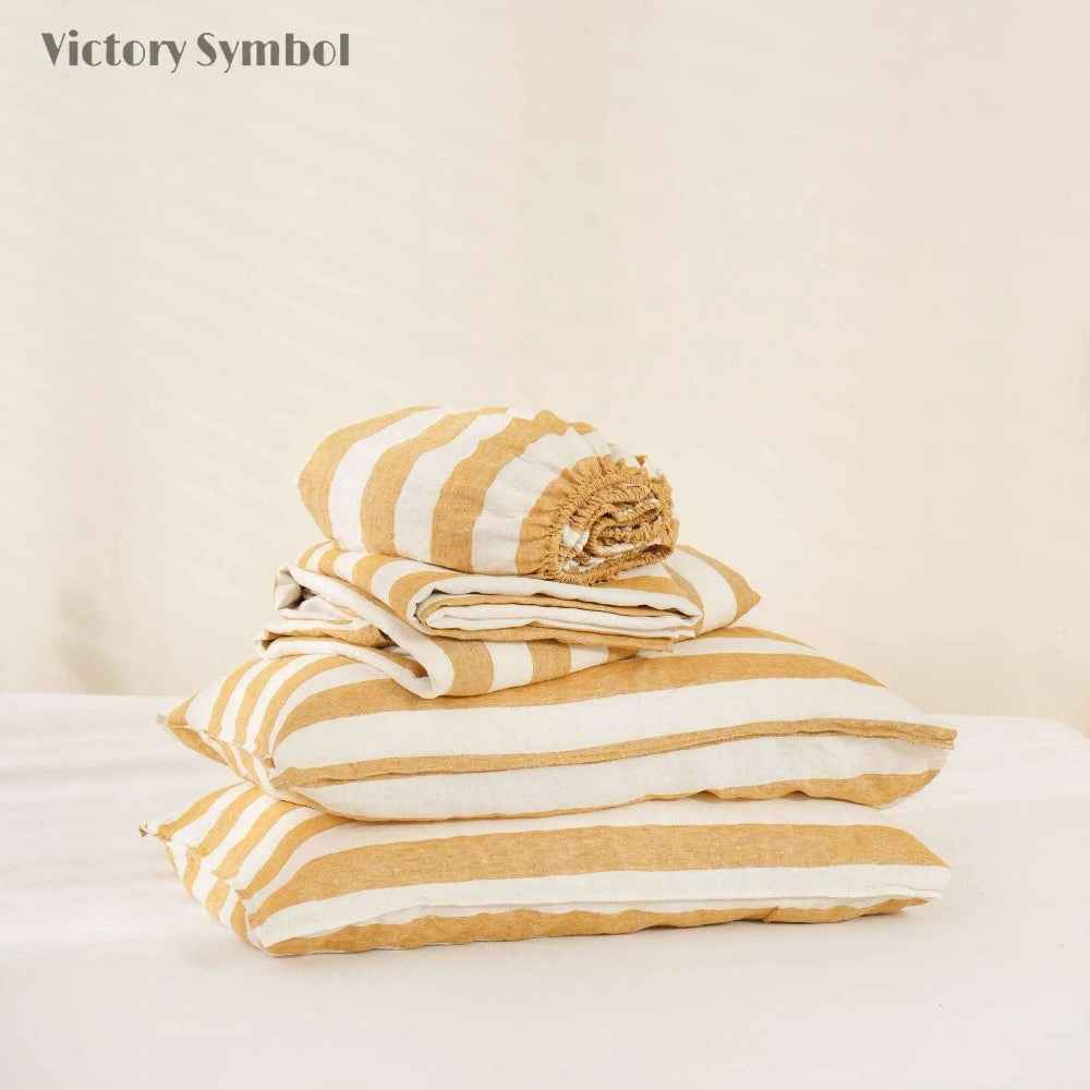 Yellow Stripe 100% Organic Linen Yarn Dyed Sheets Set - Victory Symbol