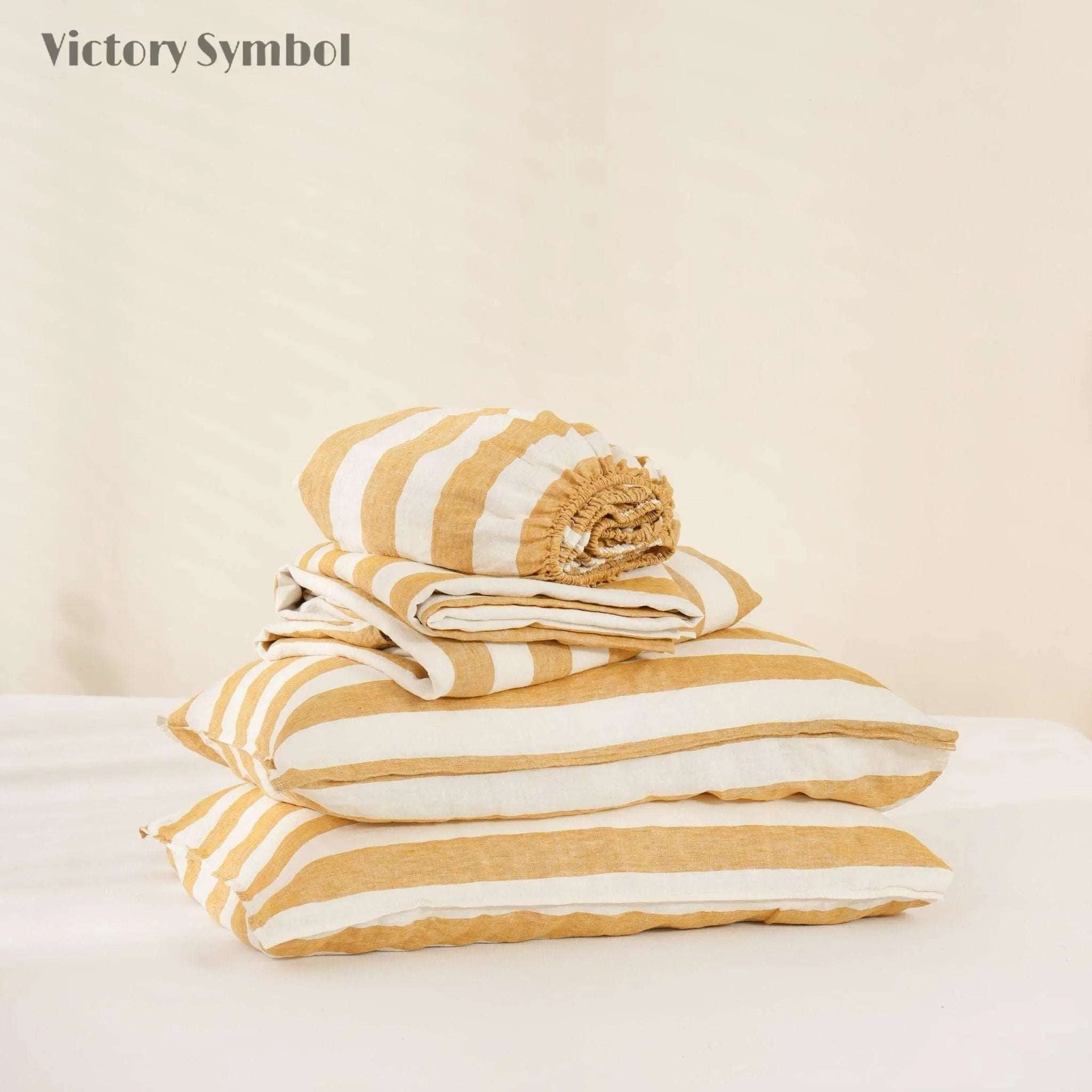 Yellow Stripe 100% Organic Linen Yarn Dyed Sheets Set - Victory Symbol