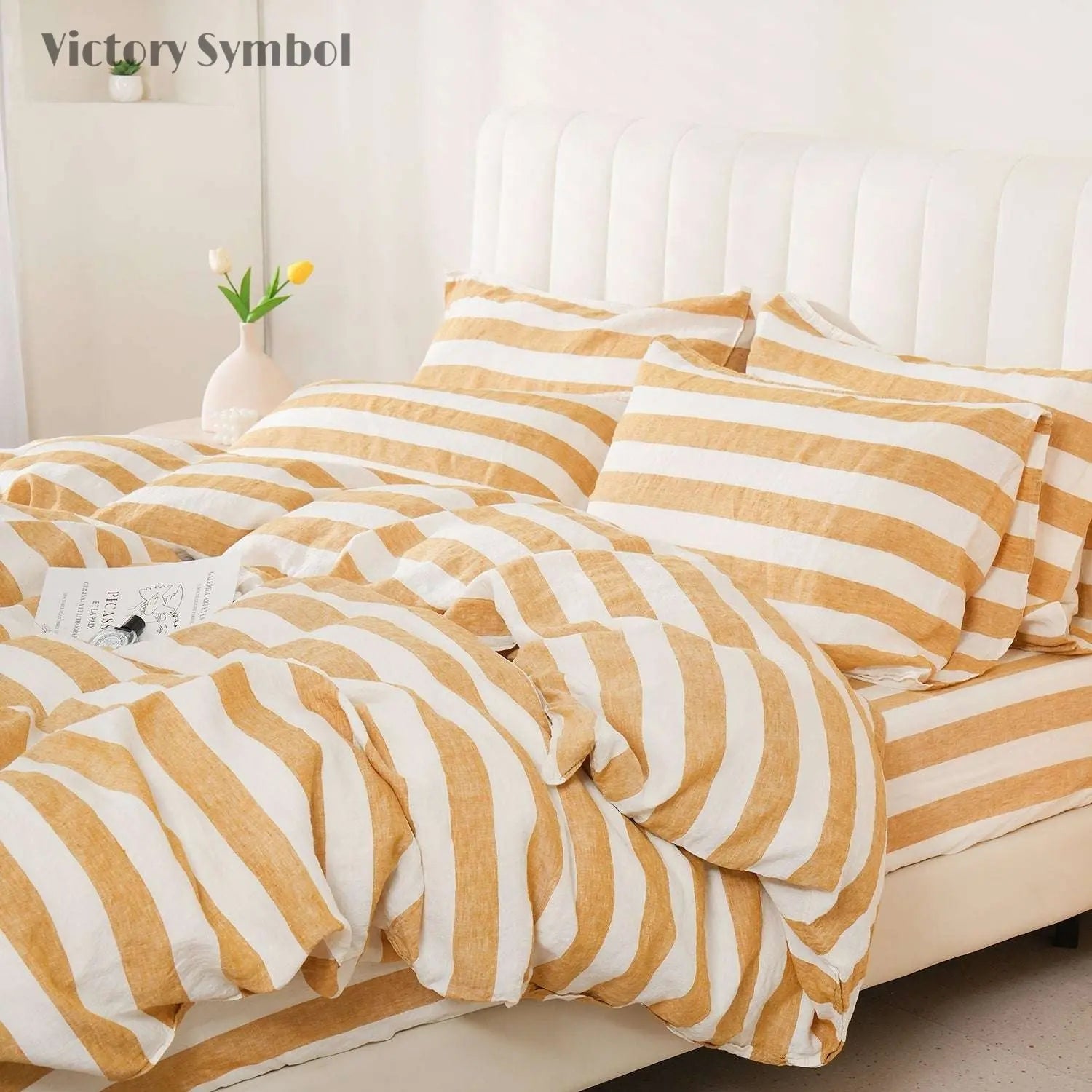 Yellow Stripe 100% Organic Linen Yarn Dyed Duvet Cover (Only 1 Piece) - Victory Symbol